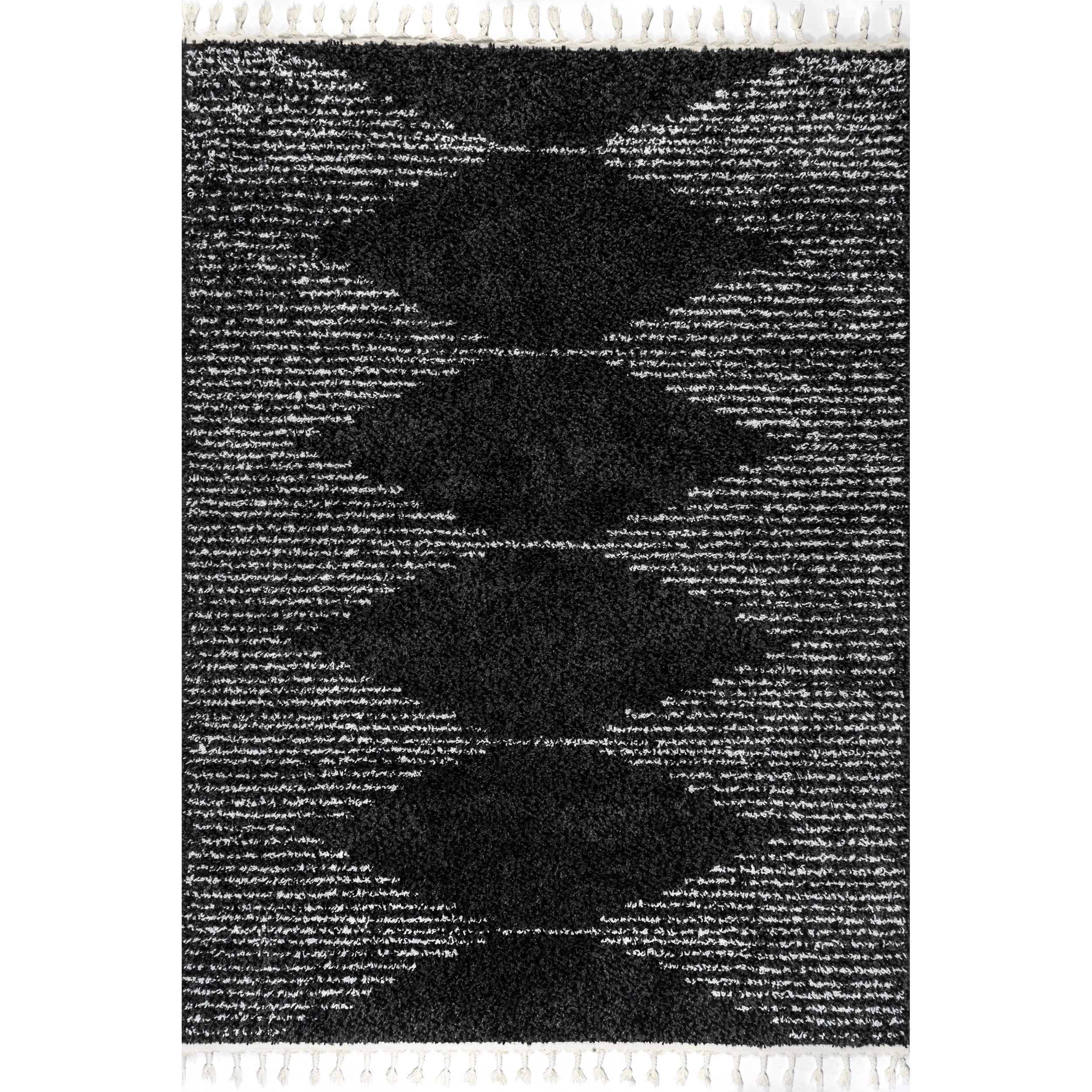Braided Black Wool Moroccan Diamond Tassel 6'7"x9' Rug