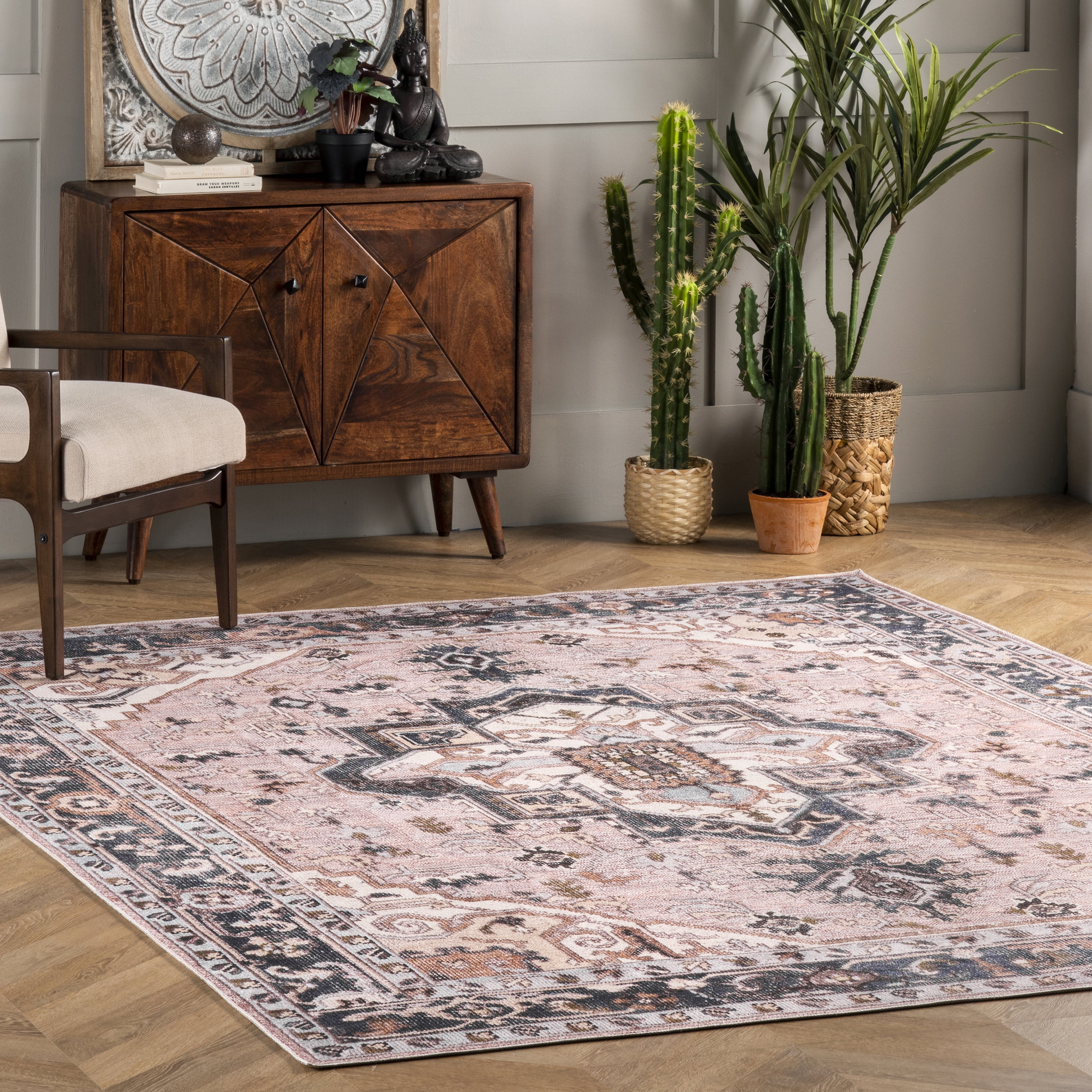 Gray and Pink Square Synthetic Medallion Area Rug, 6'