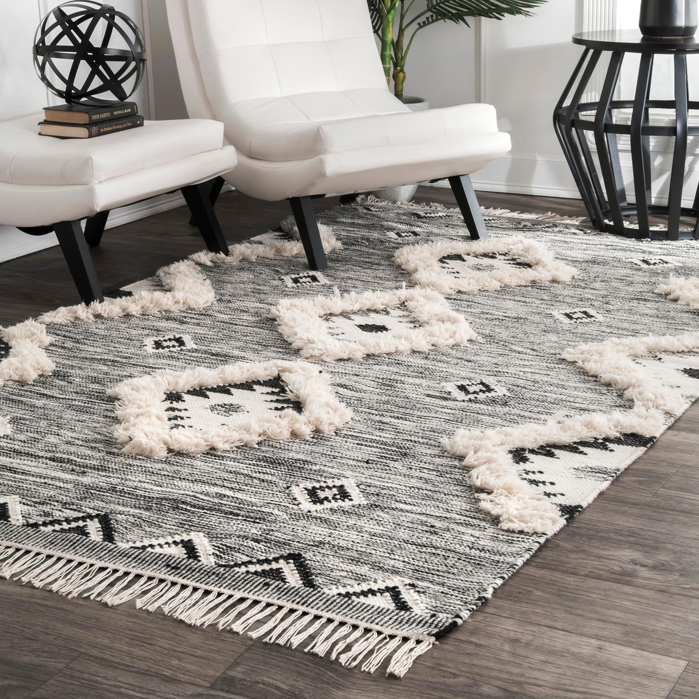 Savannah Moroccan Black Wool Shag Rug with Geometric Pattern