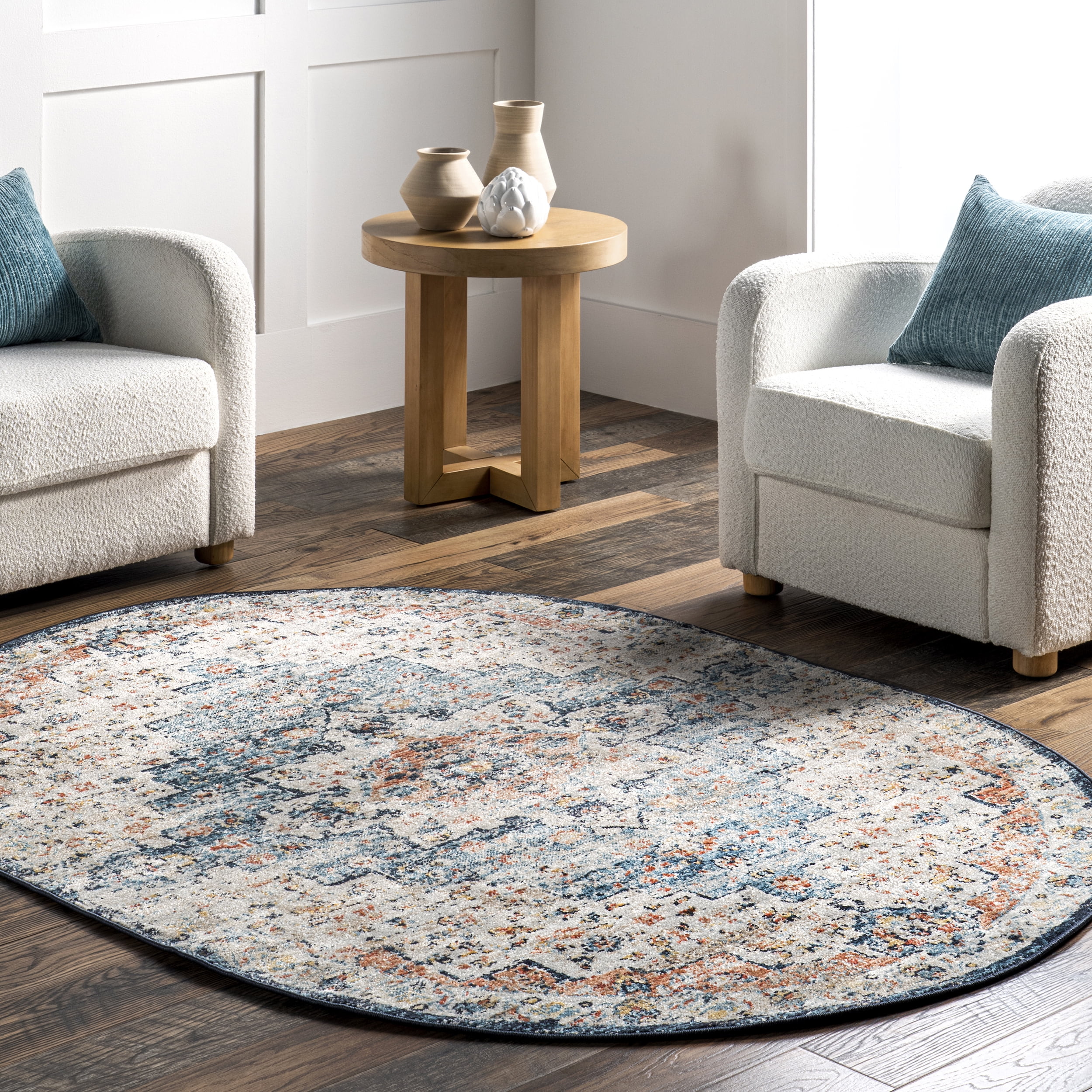 Sawyer Oval 8' x 10' Blue and Beige Synthetic Area Rug
