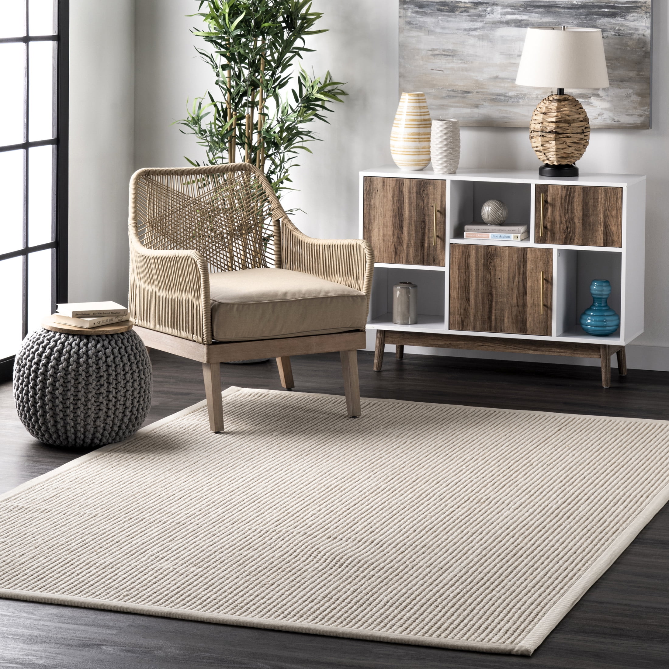 Ivory and Beige Wool Cotton Rectangular Area Rug