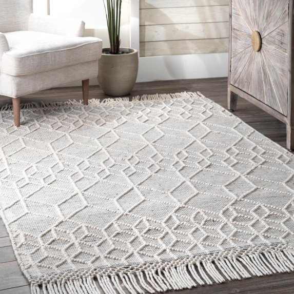 nuLOOM Serena Textured Prism Trellis With Tassels Wool Area Rug, 7' 6" x 9' 6", Gray