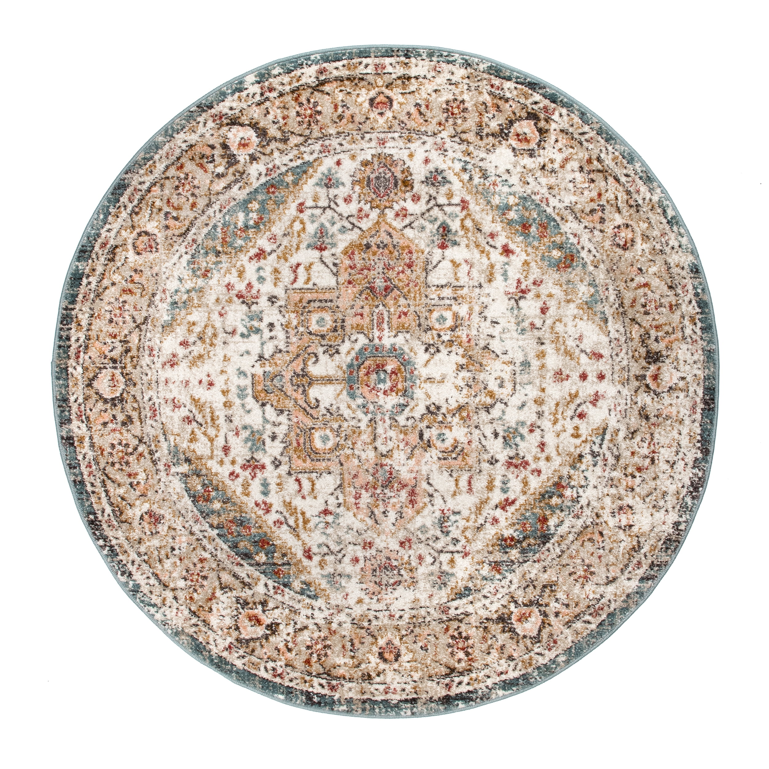 Beige Round Tufted Medallion Synthetic Area Rug, 5'