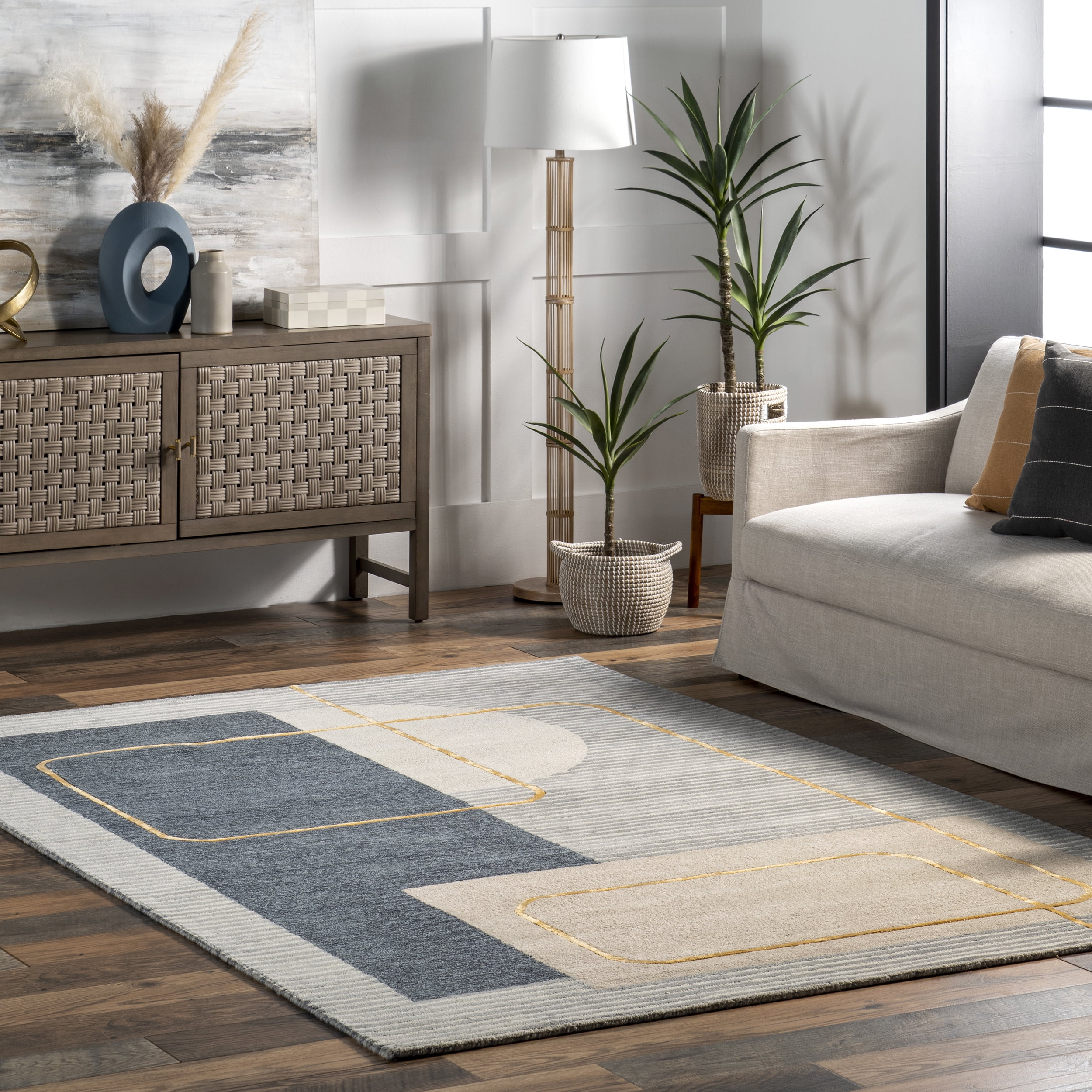 Blue and Gray Tufted Wool Stripe Area Rug 4' x 6'