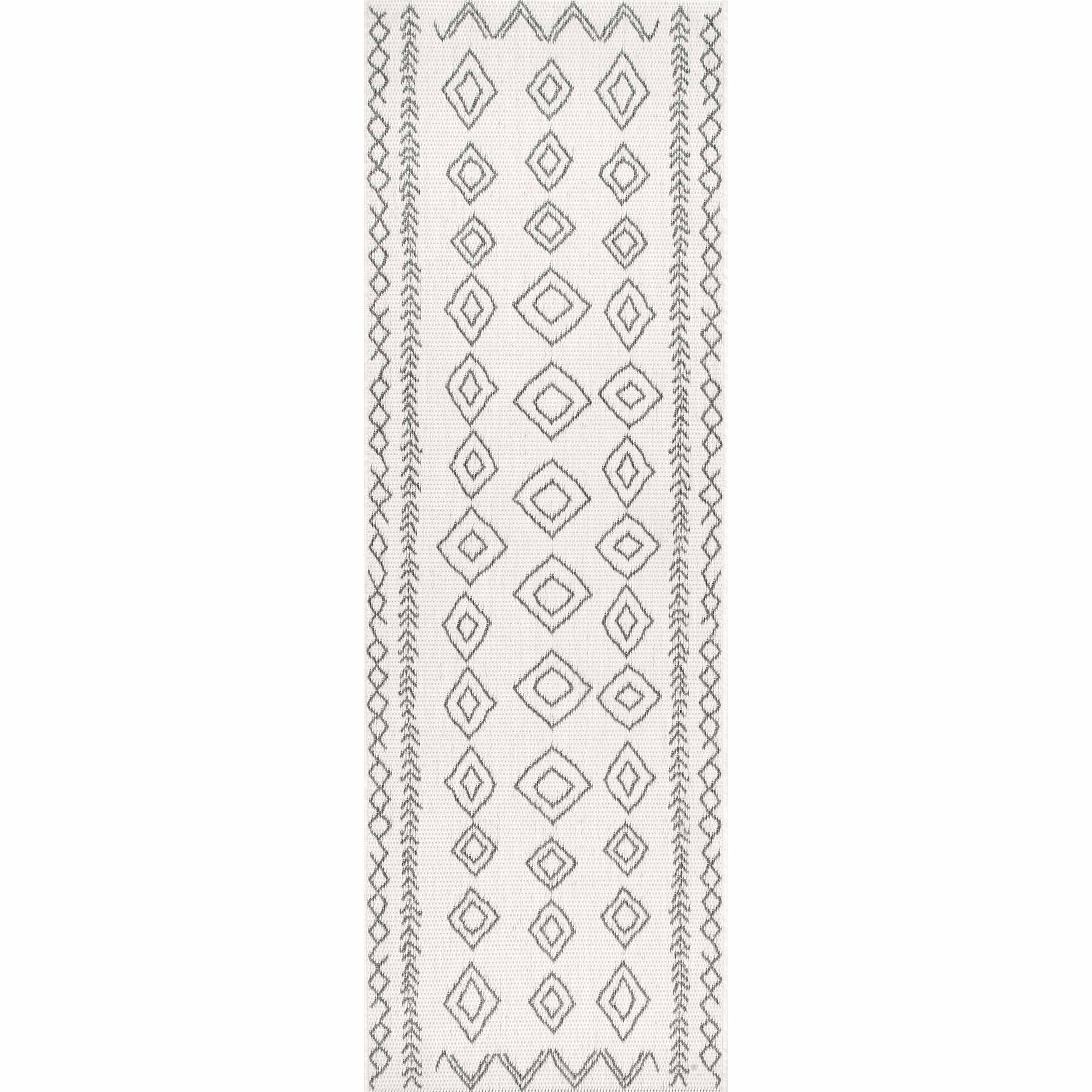 Ivory and Dark Grey Synthetic Geometric Runner Rug, 2' x 8'