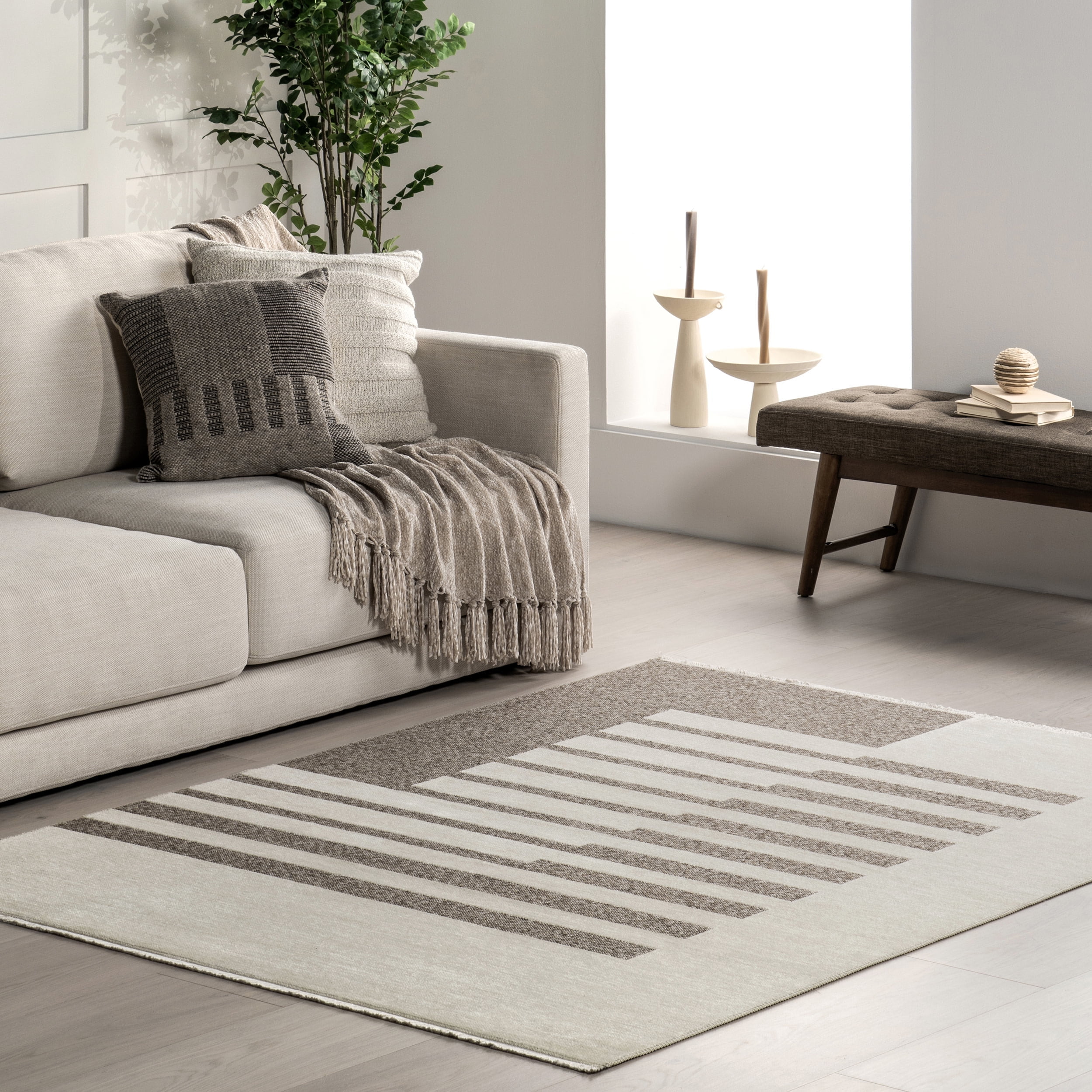 Sofya Beige Abstract Striped Reversible Machine Washable Area Rug