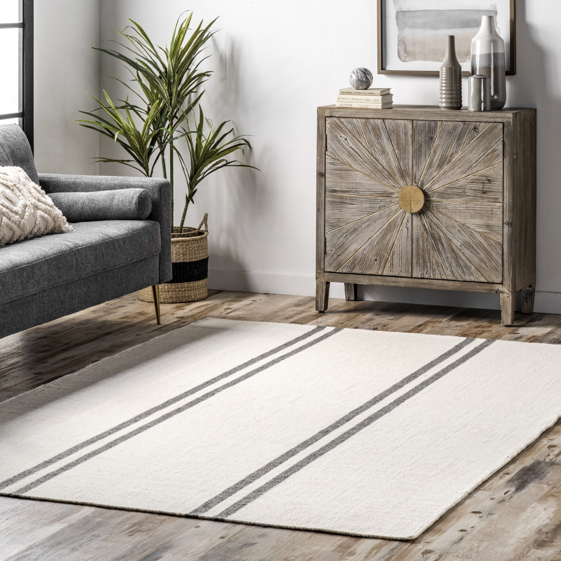 Ivory and Gray Wool Flatweave Striped Area Rug, 9' x 12'