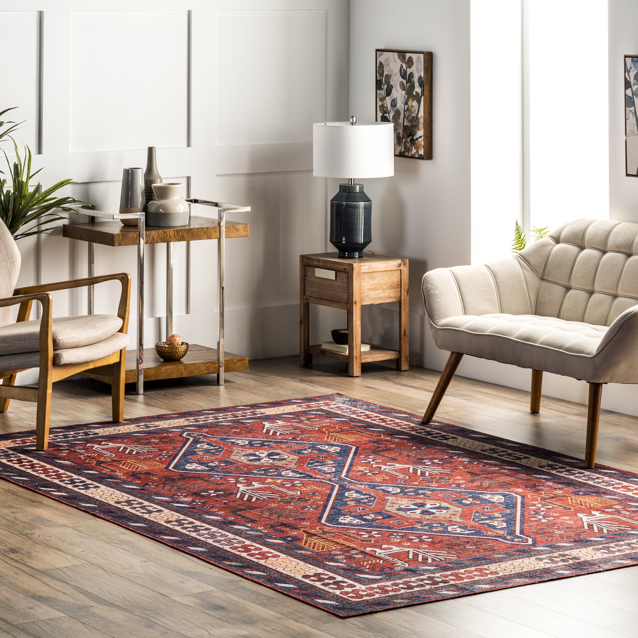 Stella Red and Blue Washable Synthetic Tribal Area Rug