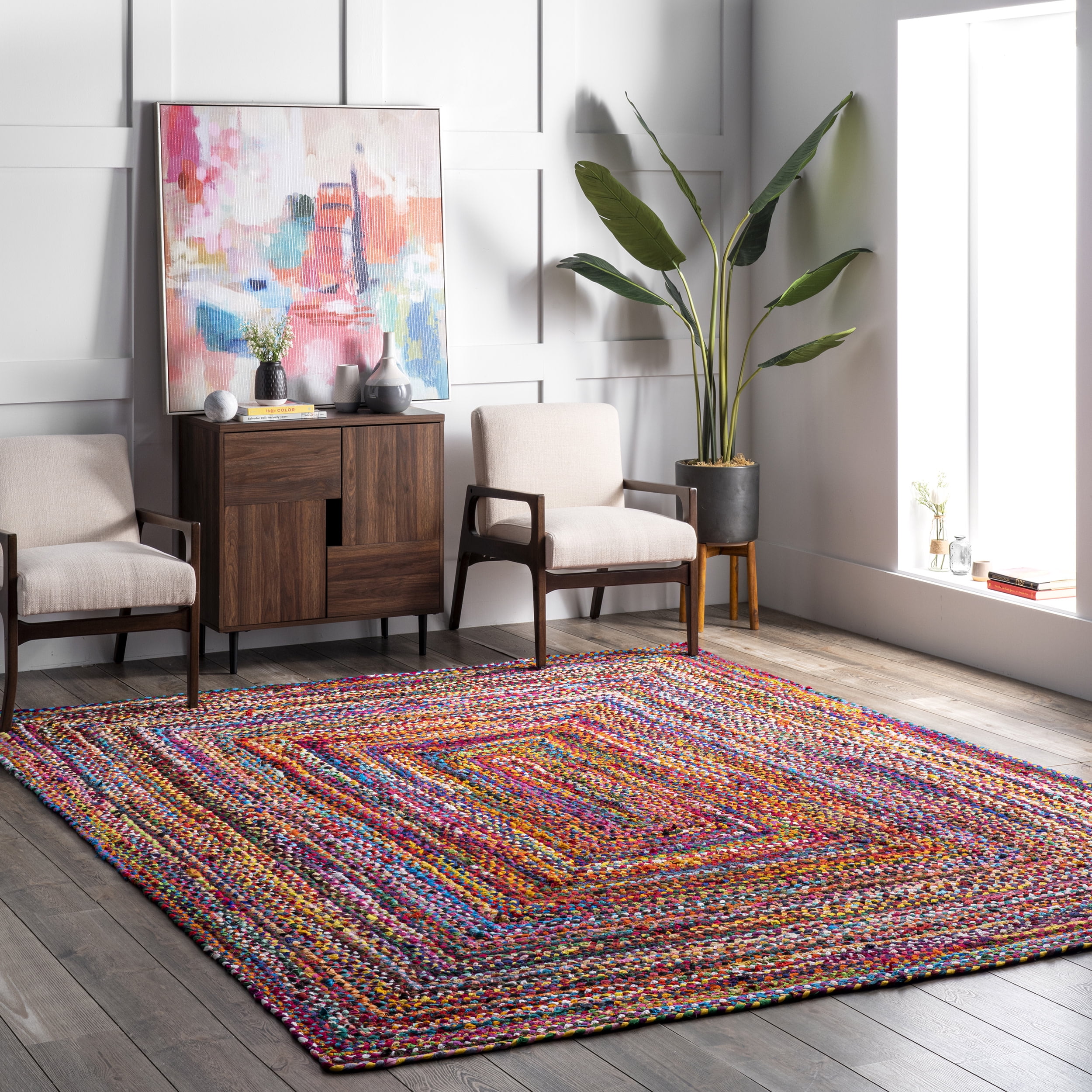 Tammara Multicolor Hand Braided Cotton Area Rug, 4' Square