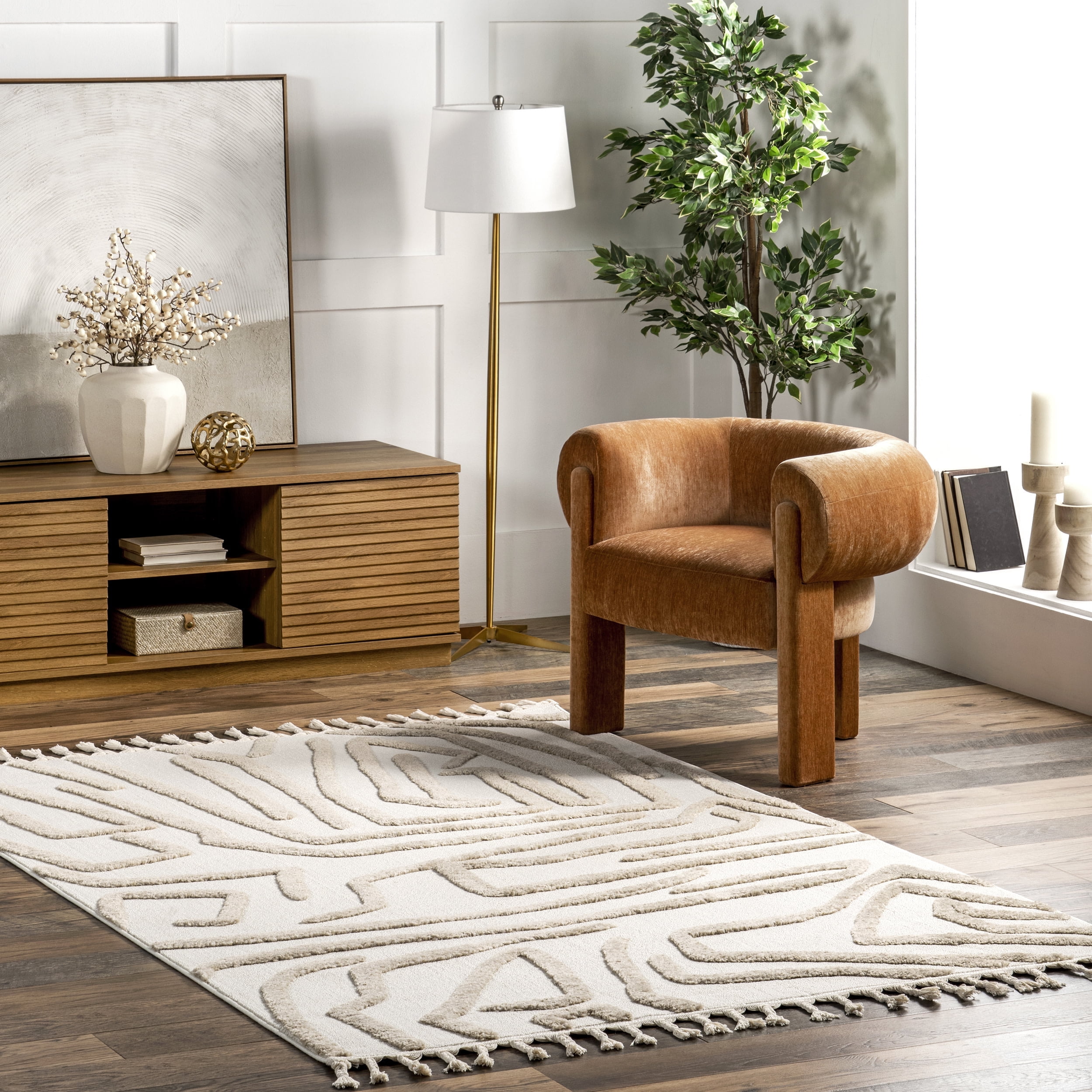 nuLOOM Tenisha High/Low Abstract Tassel Area Rug, 4' x 6', Ivory