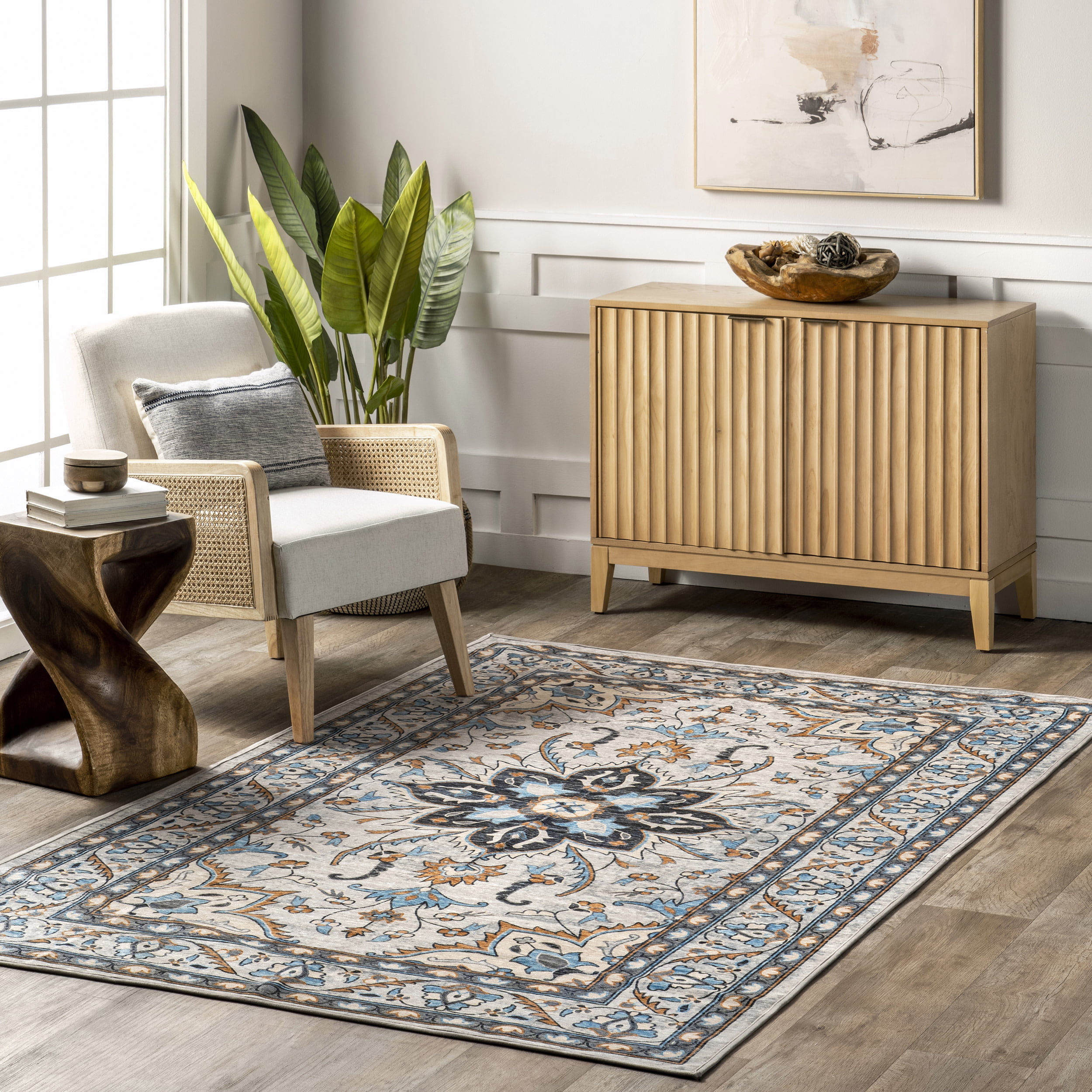 nuLOOM Teshi Floral Medallion Machine Washable Area Rug, 4' x 6', Blue