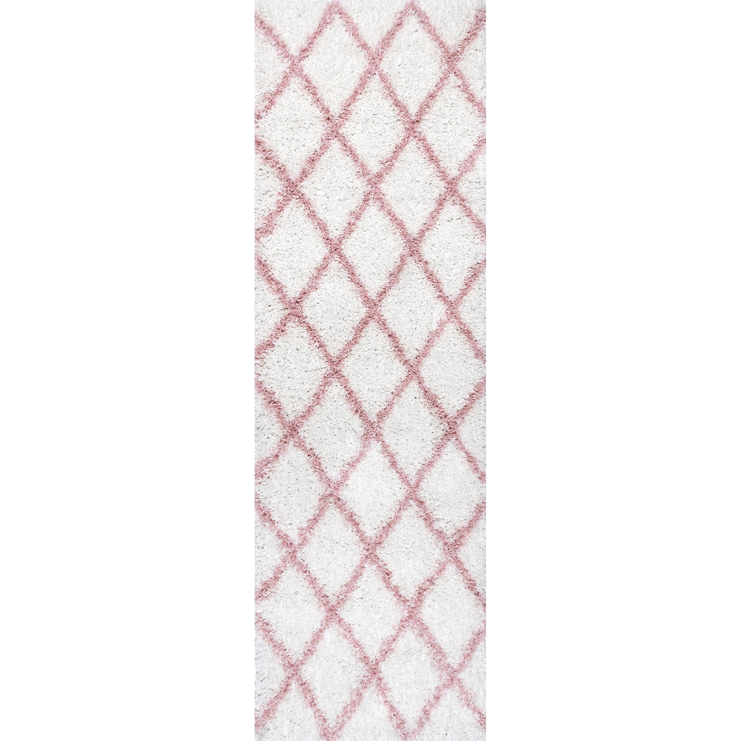 Pink and Ivory Geometric Shag Runner Rug, 2' 8" x 8'