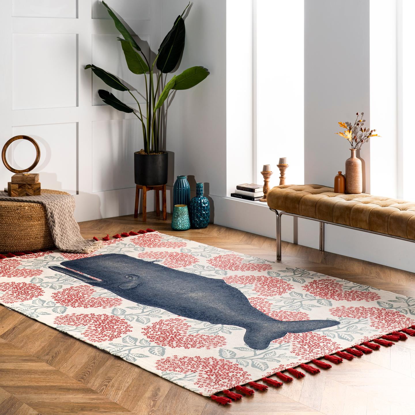 Coastal Charm Red Cotton Flatweave Whale Area Rug, 3' x 5'