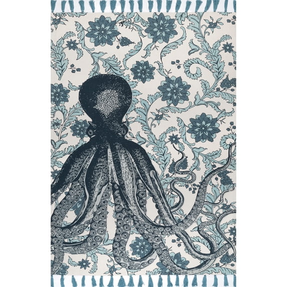 nuLOOM Thomas Paul Printed Flatweave Cotton Giant Octopus Area Rug, 7' 6" x 9' 6", Aqua