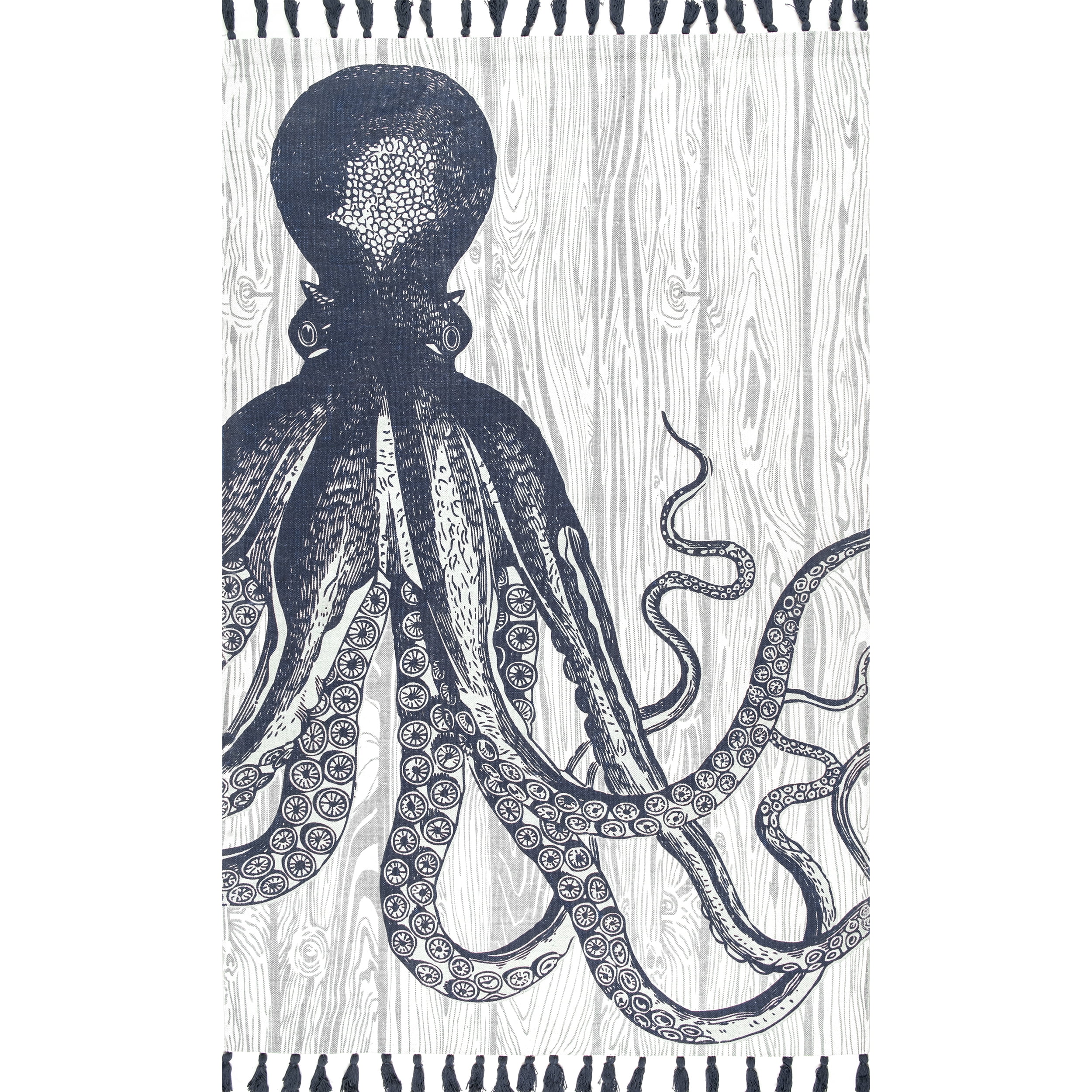 Ivory Cotton Flat-Woven Octopus Tassel Area Rug, 5' x 8'