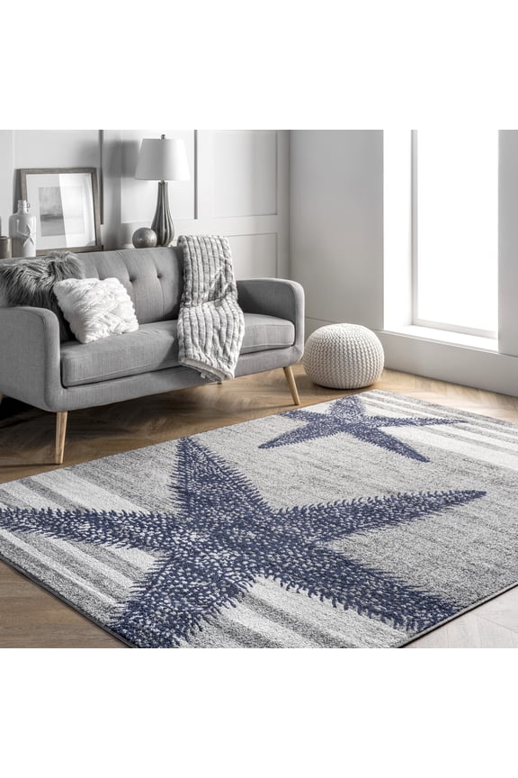Thomas Paul Starfish and Striped Area Rug, 4' x 4', Square, Starfish Grey