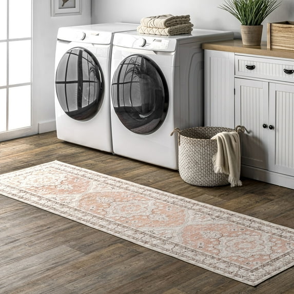 nuLOOM Tracie SpinClean Machine Washable Floral Medallion Area Rug, 2' 6" x 6', Runner, Tracie Peach