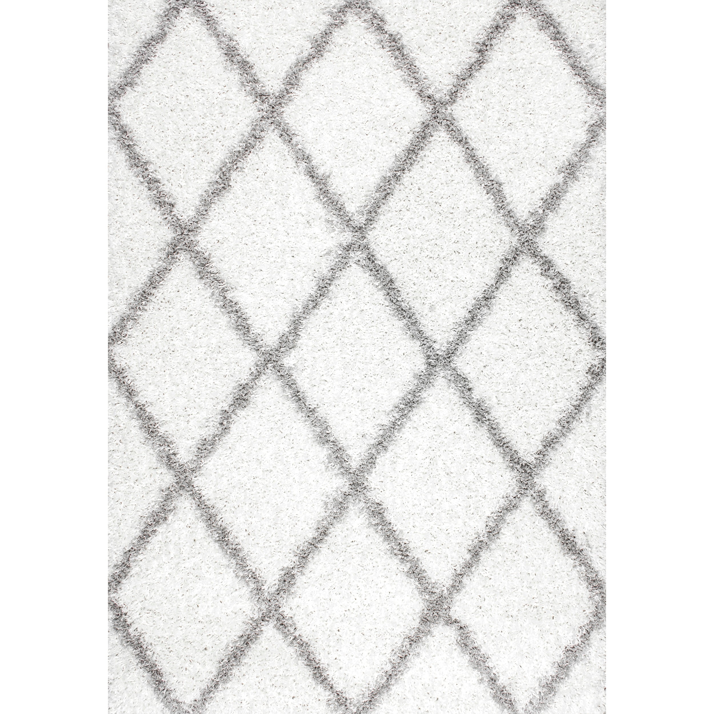 White and Gray Geometric Shag Area Rug, 6' 7" x 9', Synthetic