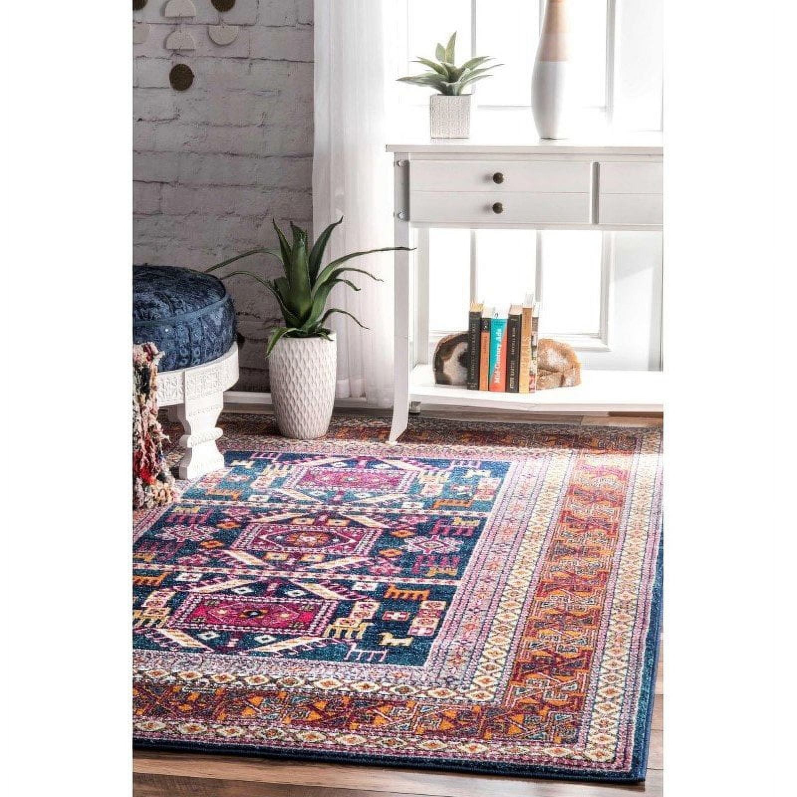 Navy Tribal Runner Rug with Jute Backing, 2' 8" x 8'