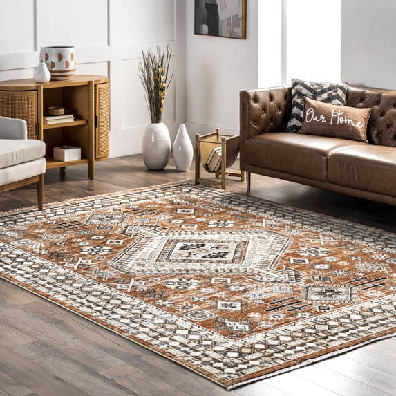 nuLOOM Vanesa Transitional Medallion Fringe Area Rug, 4' x 5' 7", Vanesa Rust