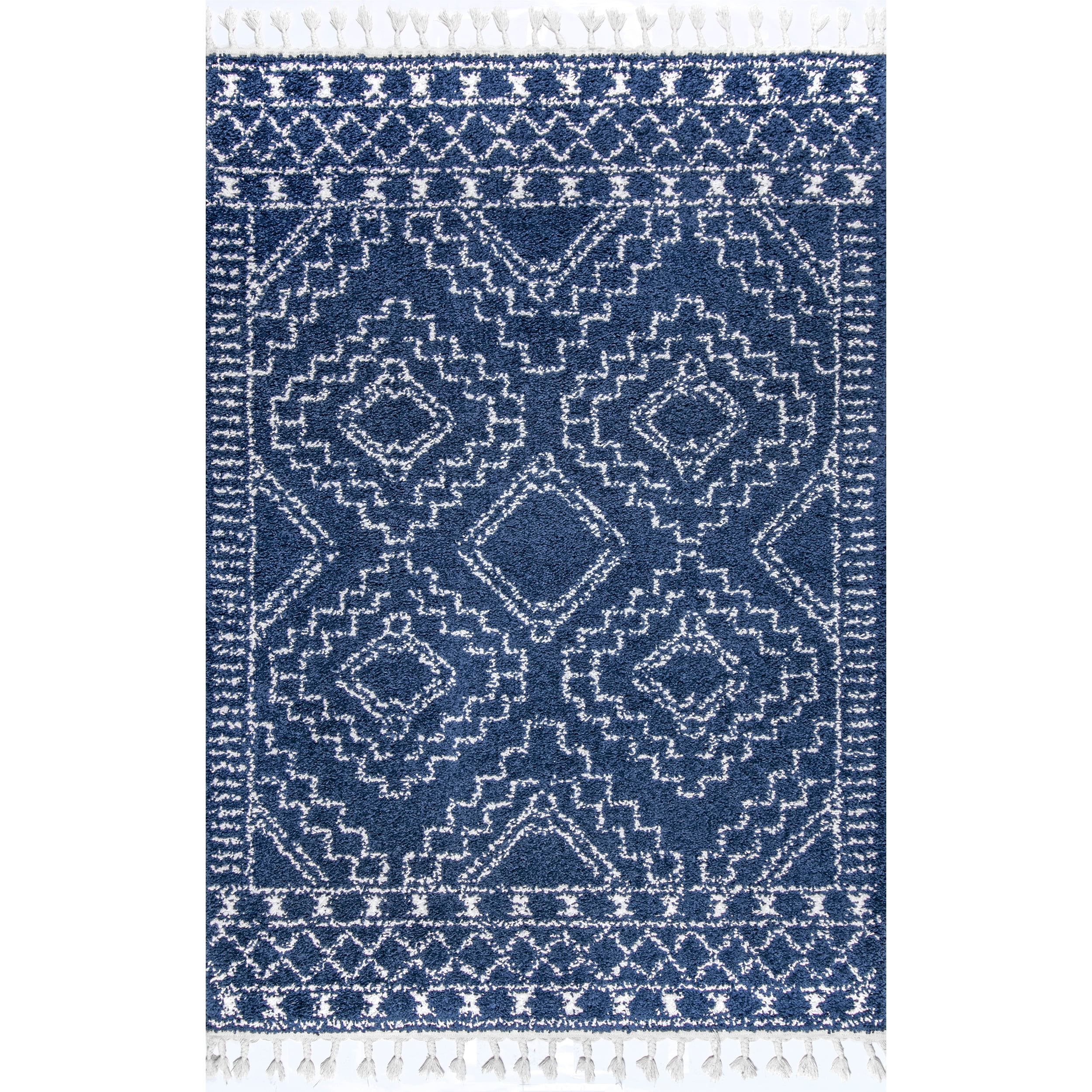 Vasiliki Blue and Ivory Geometric Shag Rectangular Area Rug