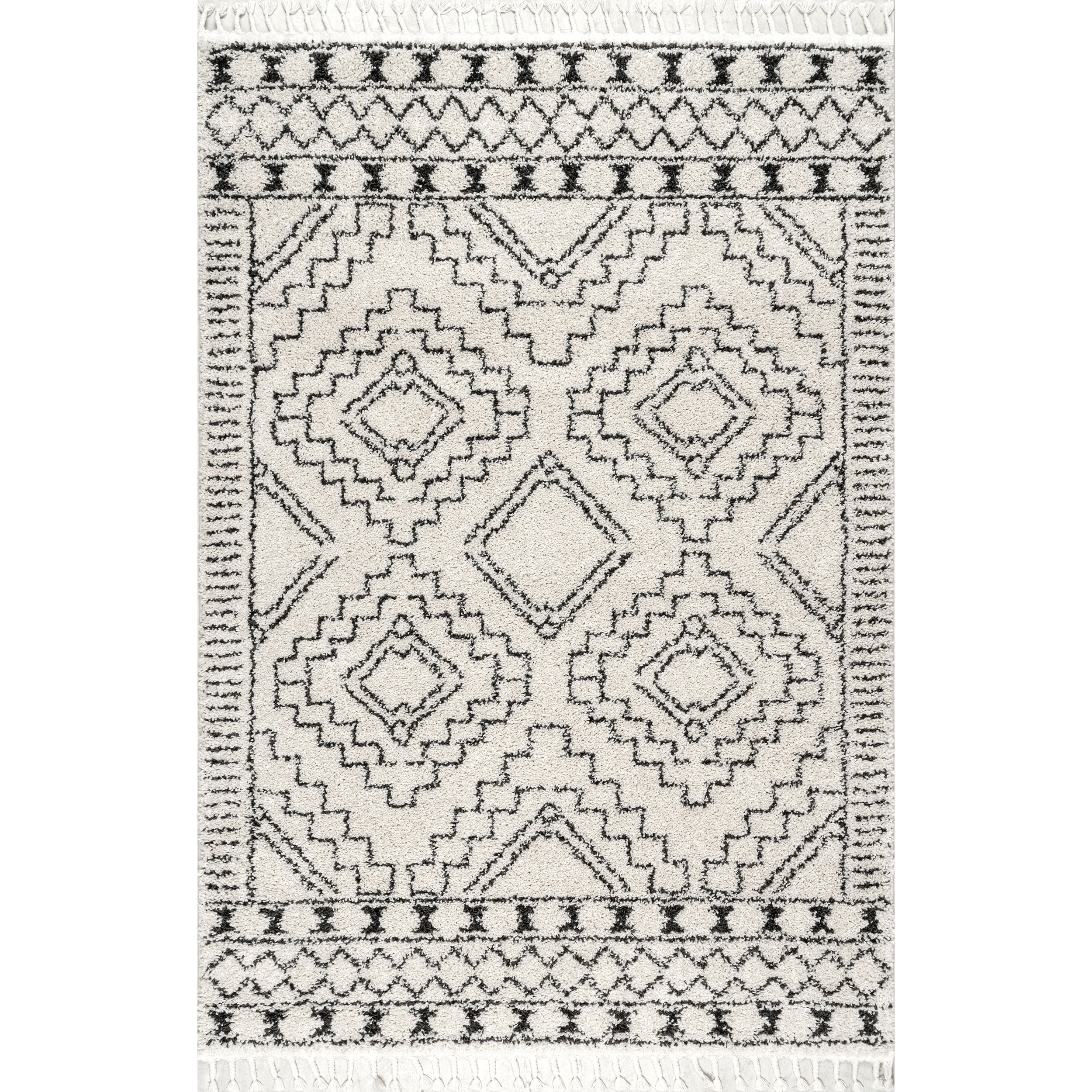 Off-White Geometric Shag Synthetic 6'7" x 9' Area Rug