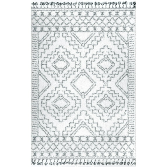 nuLOOM Vasiliki Moroccan Shag Tasseled Area Rug, 9' x 12', White