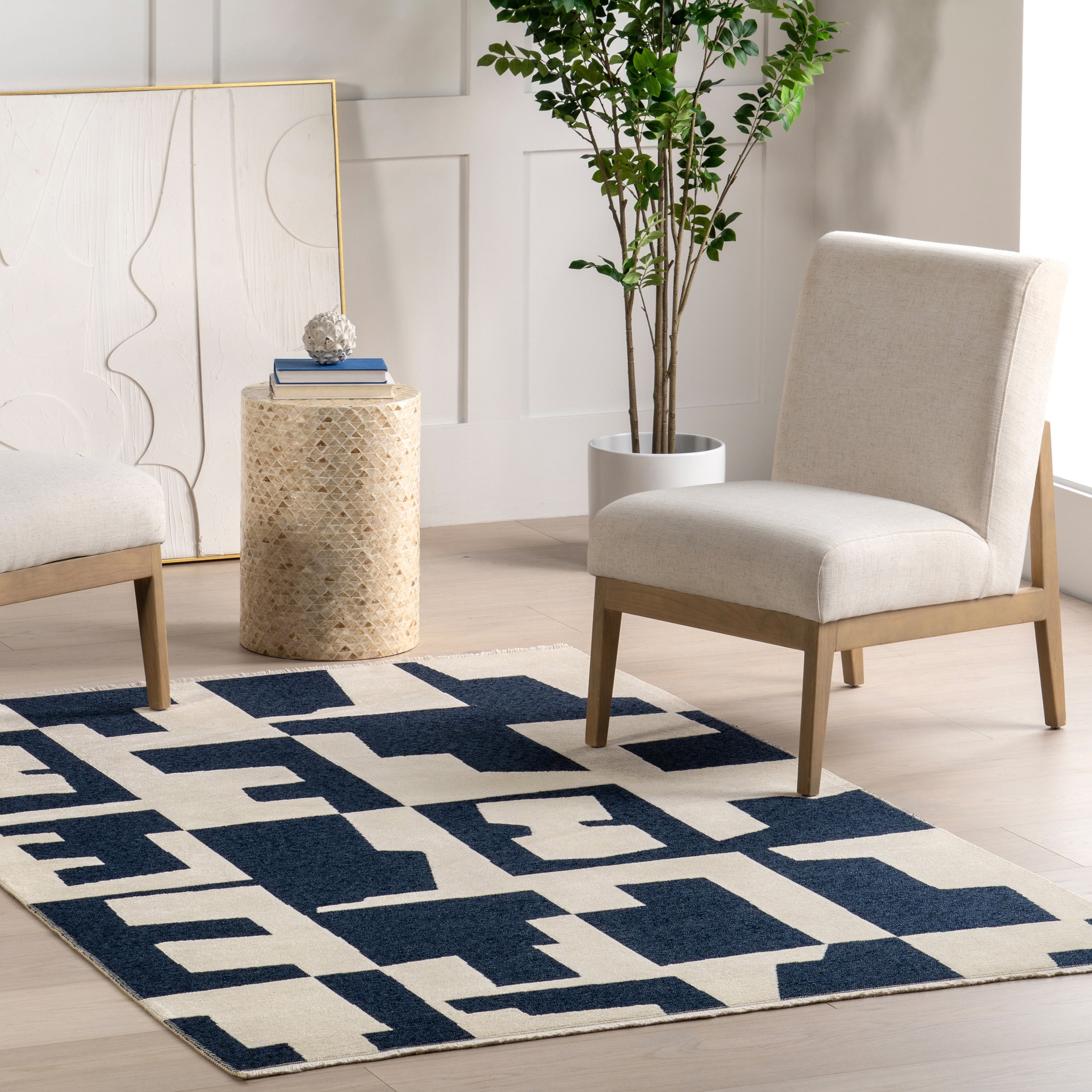 Viktoria Navy and White Geometric Reversible Washable Rug