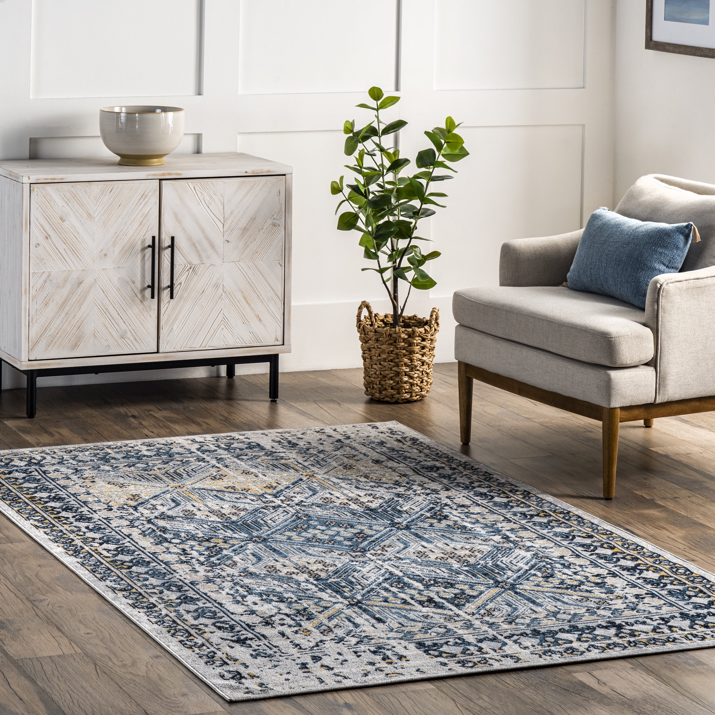 nuLOOM Vintage Diamond Machine Washable Area Rug, 8' x 10', Blue, Eco-Friendly