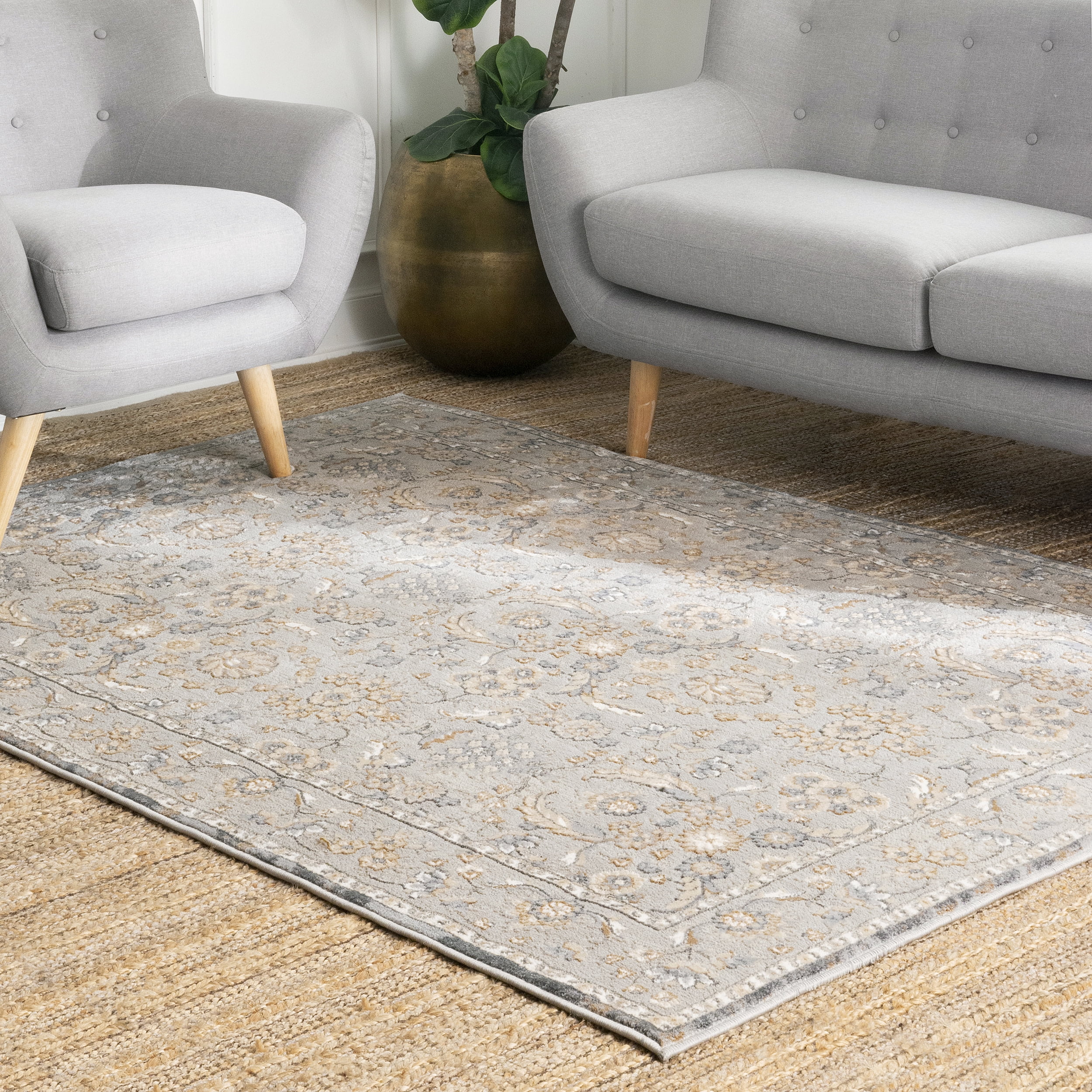Beige Floral Pattern Synthetic 3' x 5' Area Rug