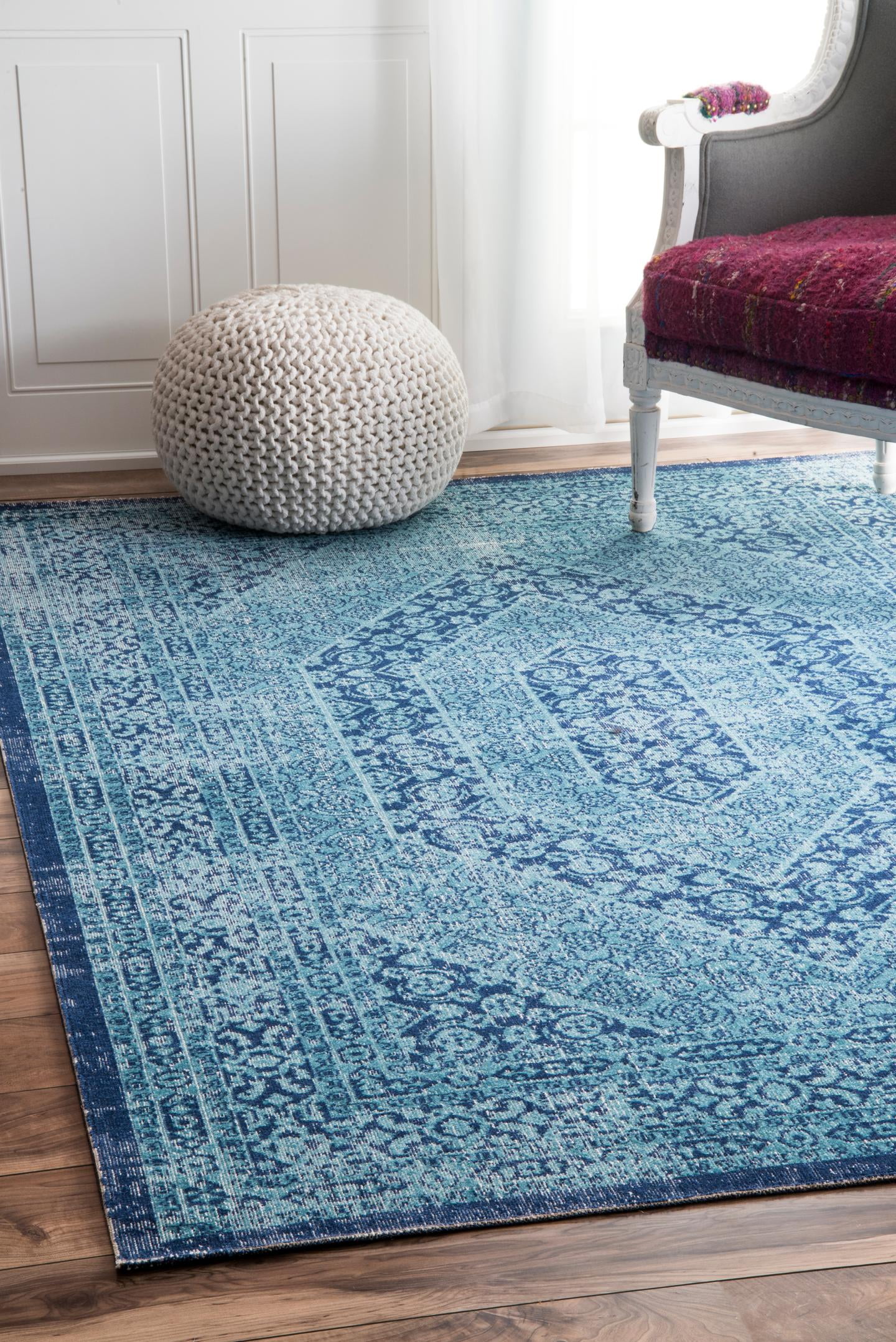 Blue Floral Rectangular Cotton Synthetic Area Rug 5' x 7'
