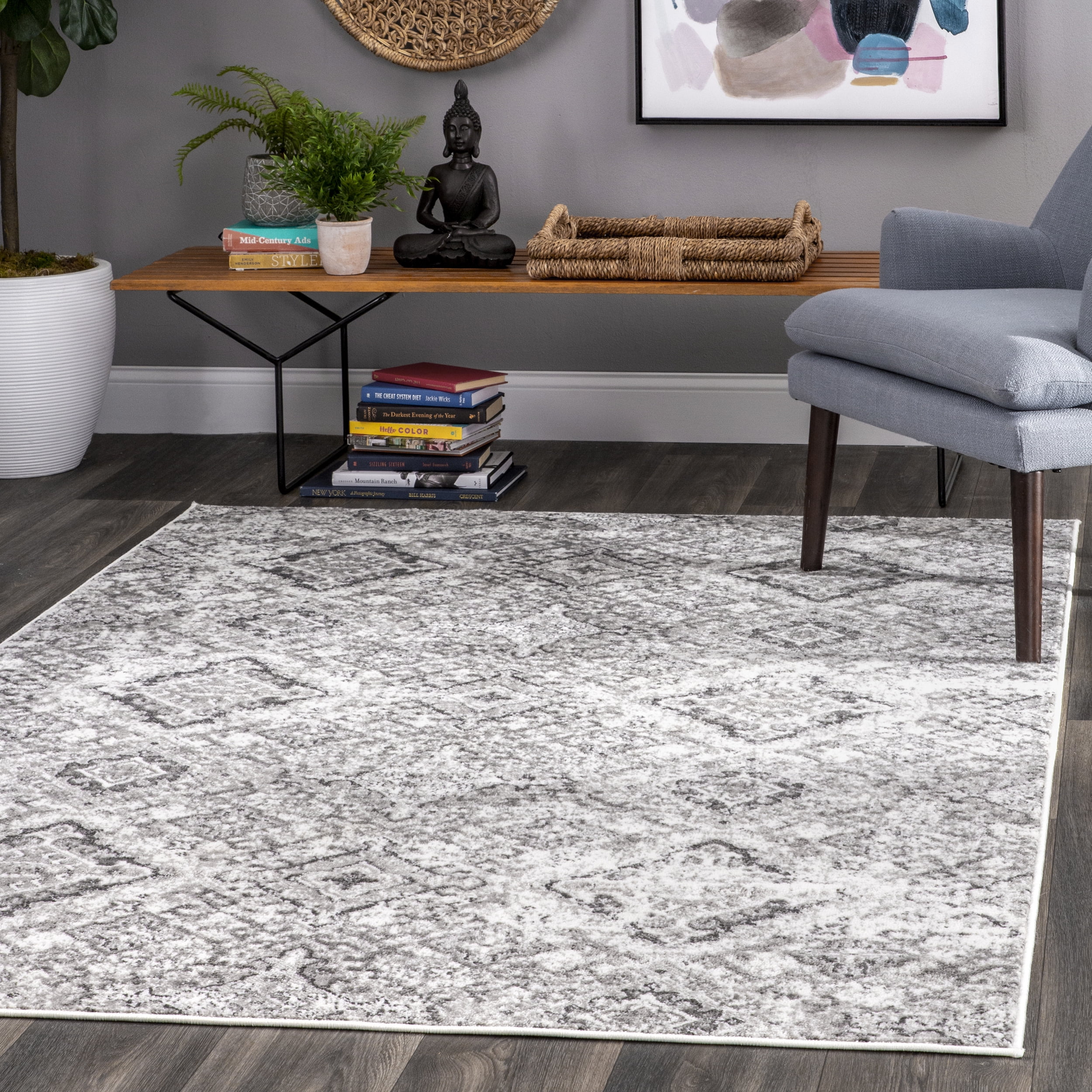 Gray Rectangular Synthetic Vintage Pattern Area Rug 3' x 5'