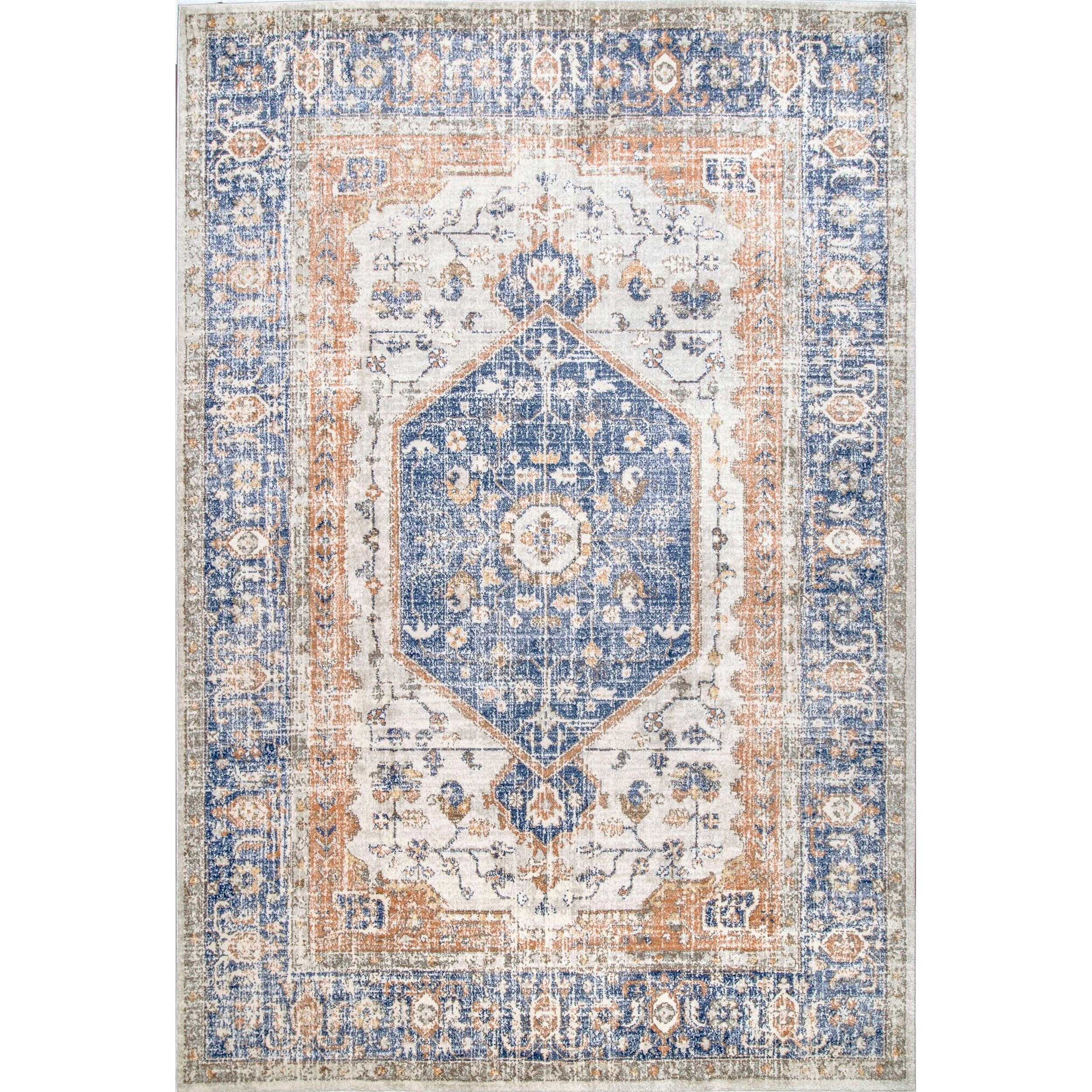 Reversible Vintage Floral Blue Synthetic Area Rug, 5' x 7'