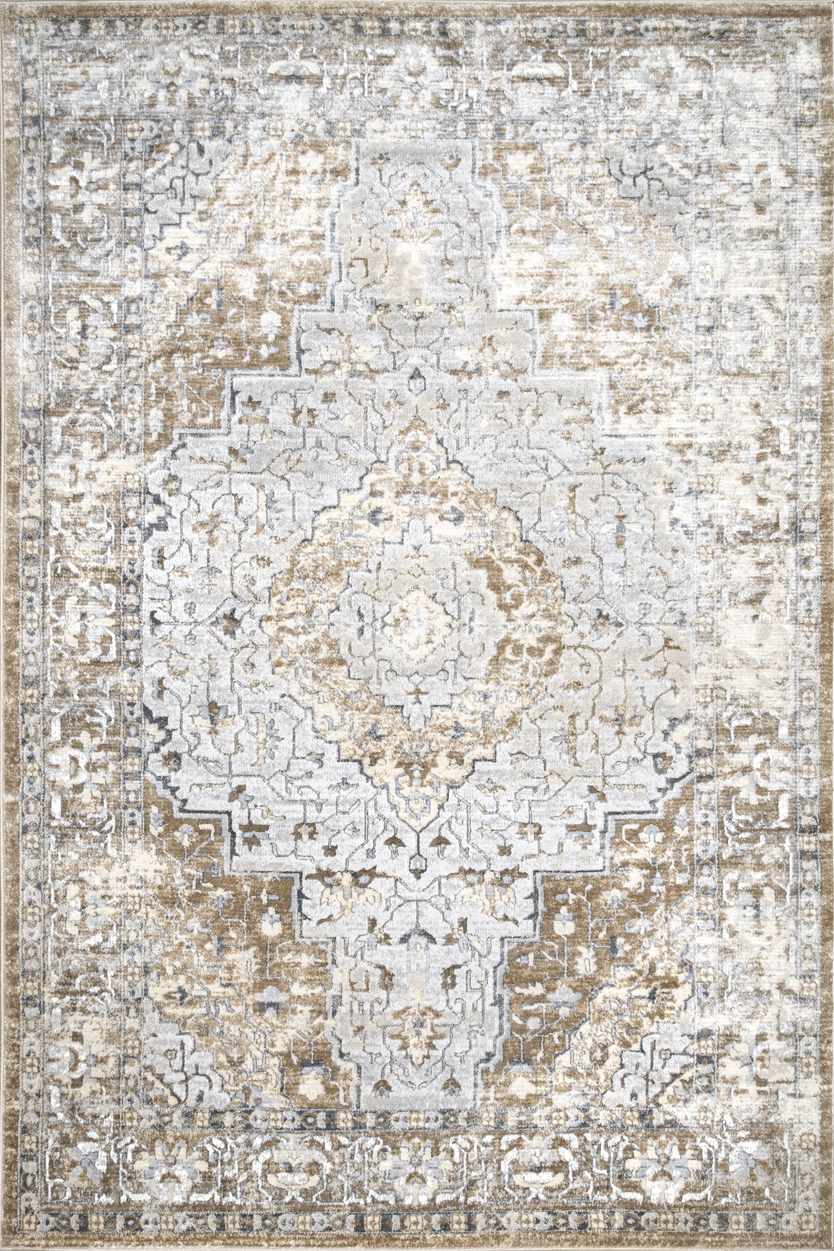 Beige and Gray Synthetic Medallion Runner Rug, 2' x 8'