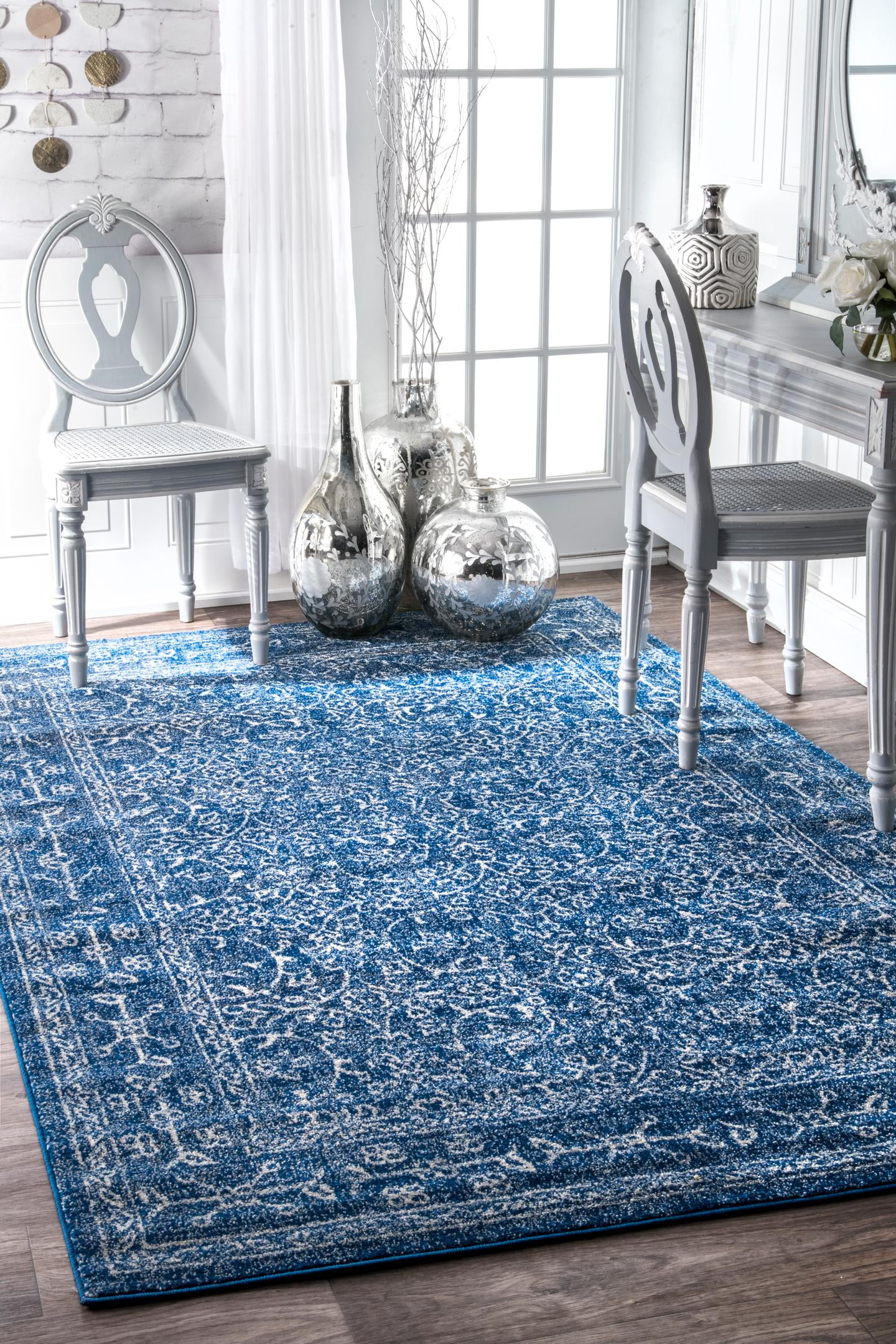 Vintage Dark Blue Round Synthetic Area Rug, 5'