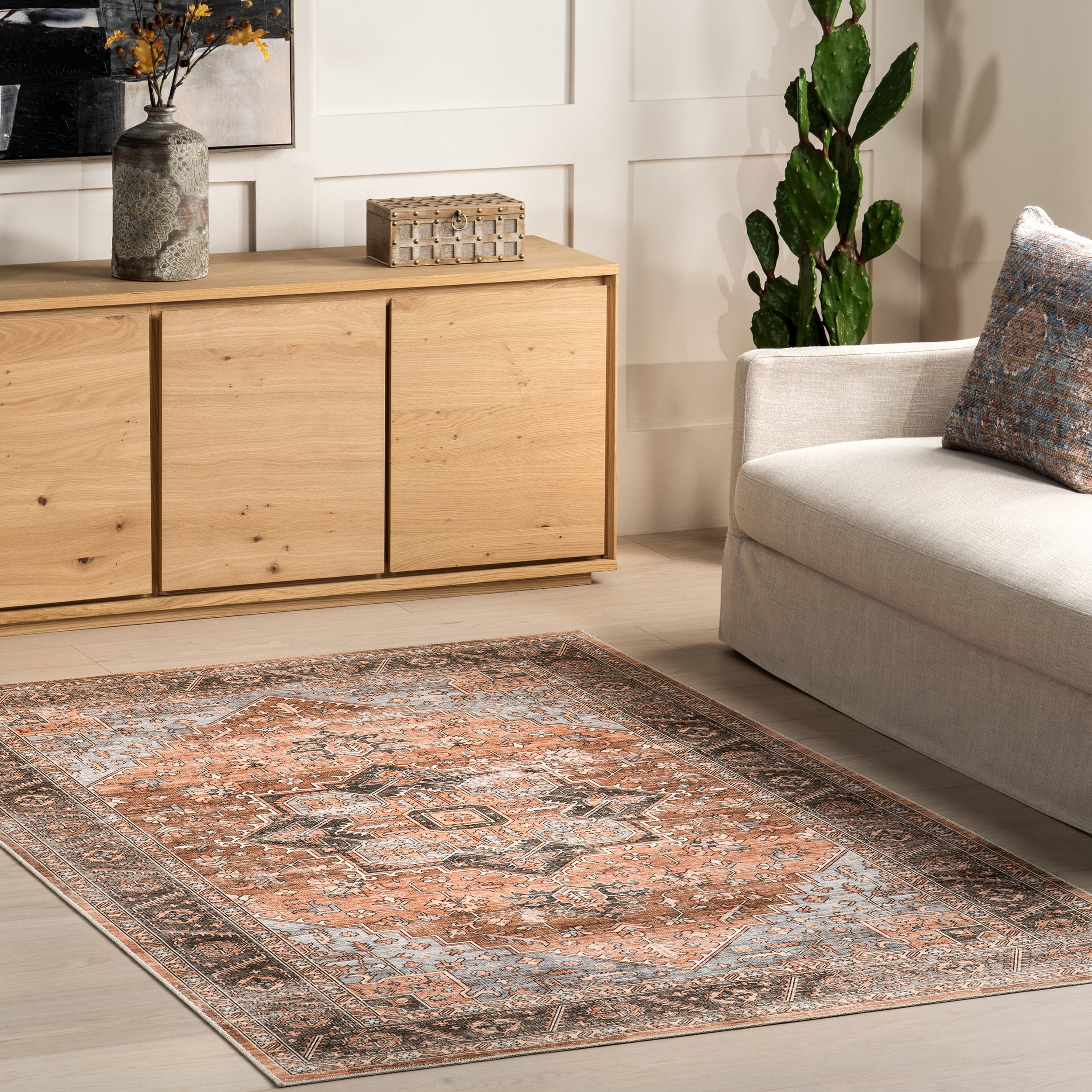 Wrenley Red and Brown Medallion Washable Area Rug