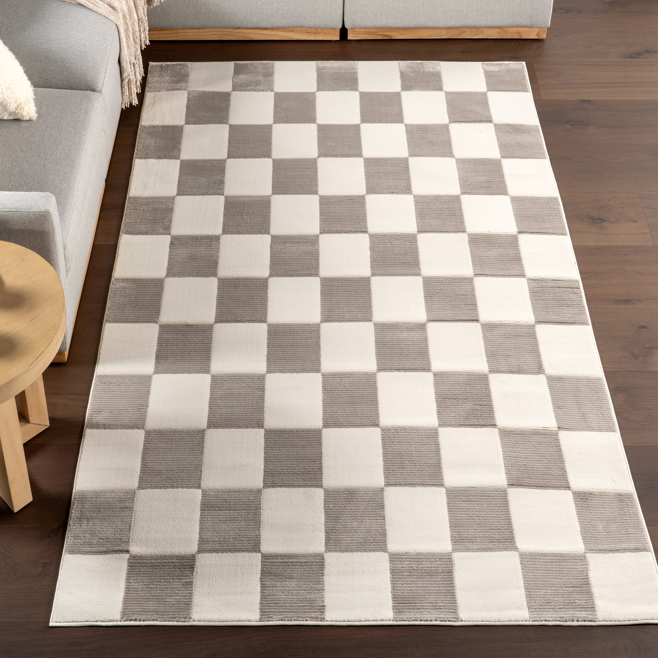 Ivory and Gray Synthetic Checkered Rectangular Area Rug, 3' x 5'