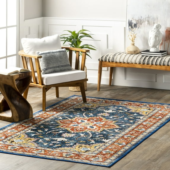 nuLOOM Zuri Bold Floral Machine Washable Area Rug, 4' x 6', Blue