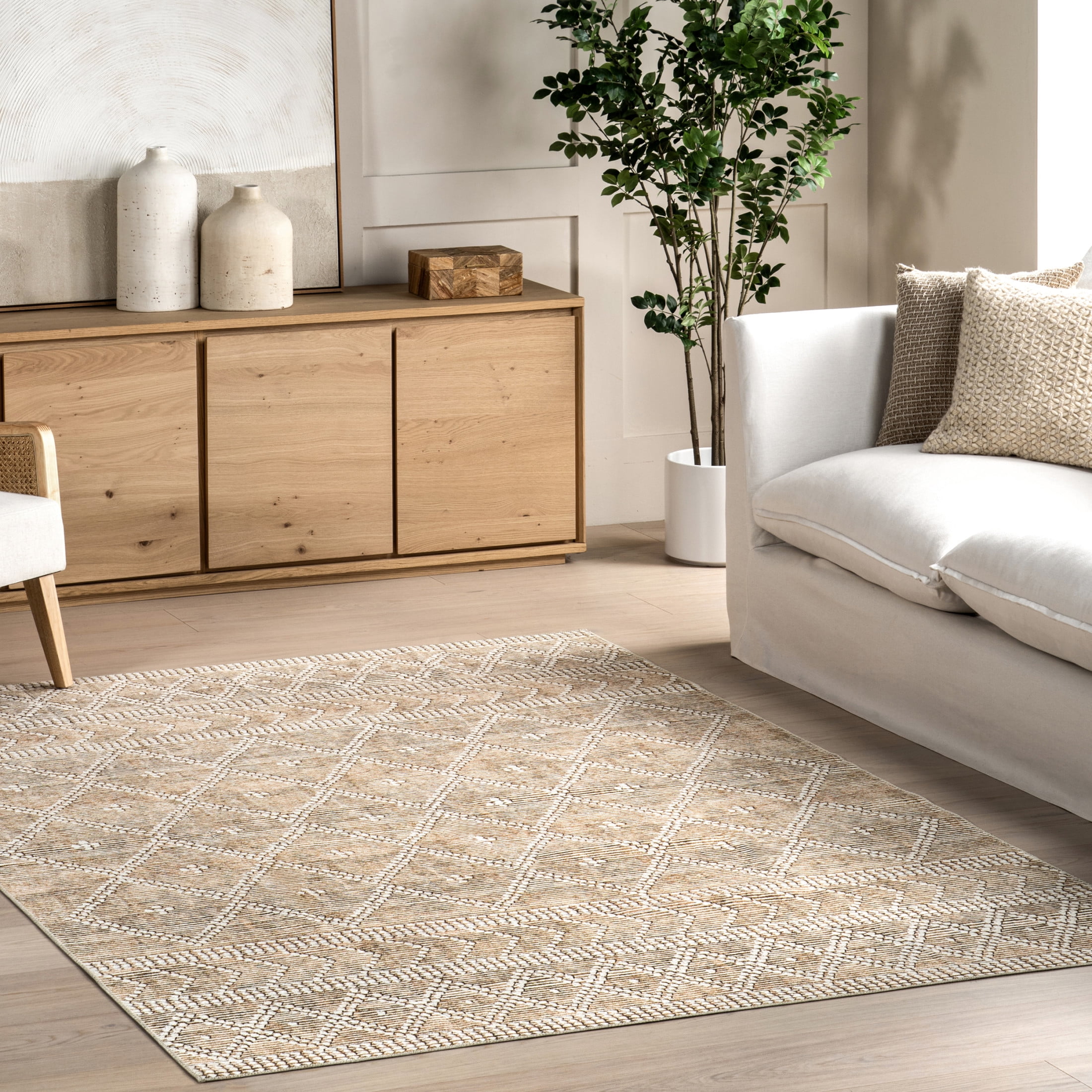 nuLOOM Úna Lattice SplashGuard Machine Washable Area Rug, 4' x 6', Úna Tan