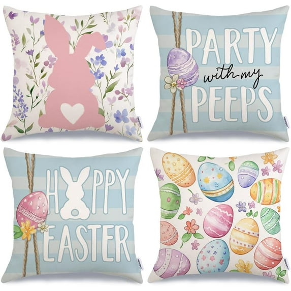 nukooo Happy Easter Eggs Party with My Peeps Throw Pillow Covers 18x18 Inch Set of 4, Floral Bunny Rabbit Stripes Spring Decorative Farmhouse Holiday Cushion Case for Home Decoration (Blue) G686-18