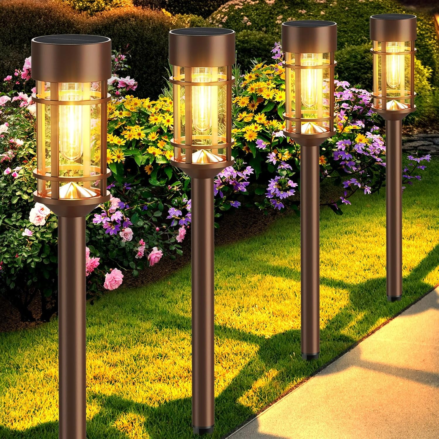 nunhole Solar Pathway Lights, 8 Pack LED Solar Lights Outdoor Waterproof, Glass Metal Garden Lighting for Yard Path Landscape Lawn Walkway Driveway, 3000K