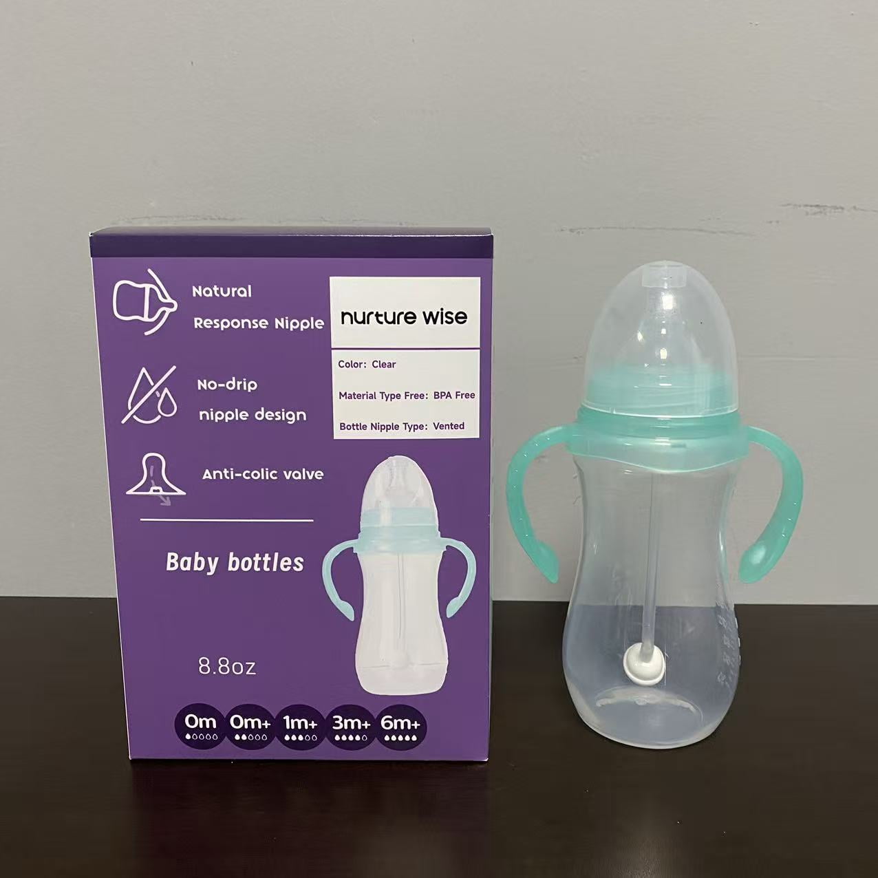 nurture wise Baby bottles,Bottle with Natural Response Nipple, Wide Neck  Bottles with Handle, Newborn Anti-Colic Baby Bottles Gift Set, Clear (8.8oz)