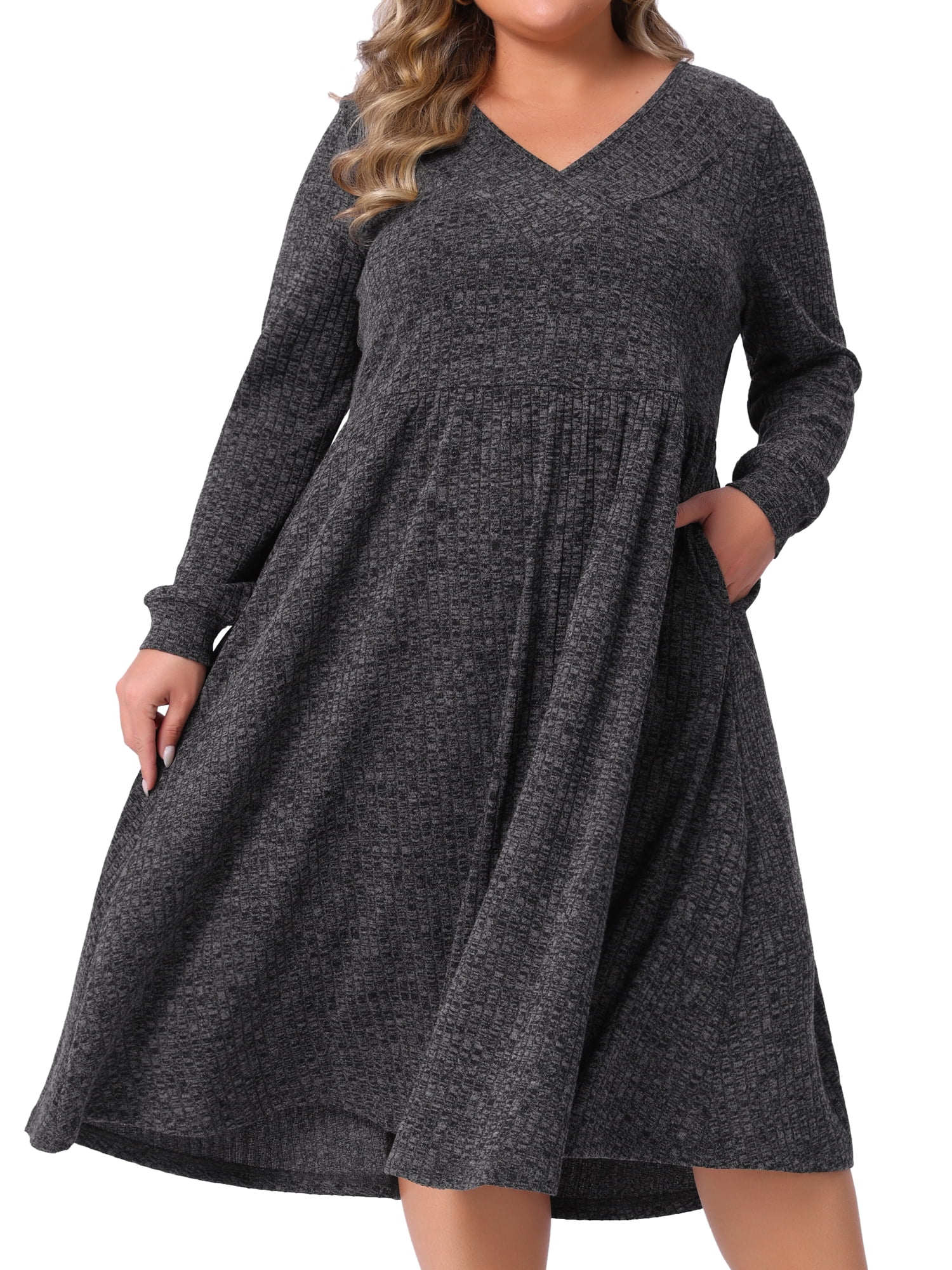 DARING DIVA Plus Size V Neck Long Sleeve Ribbed Knit A Line Dress 2X Dark Gray
