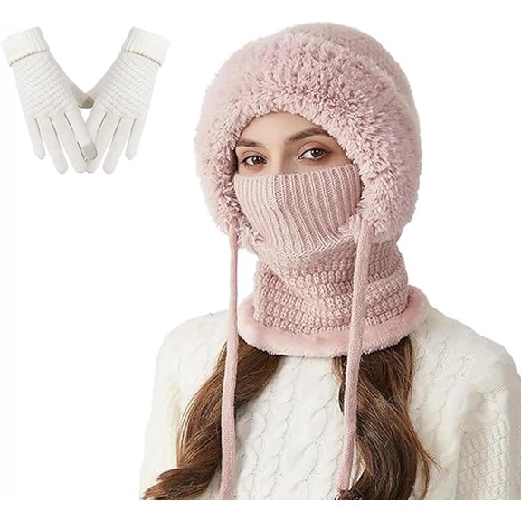 nuyezo 3 in 1 Hat for Women,Wind-Resistant Scarf Face Mask Hooded Scarf,Cold Resistant Hat, Knitted Hats in Winter