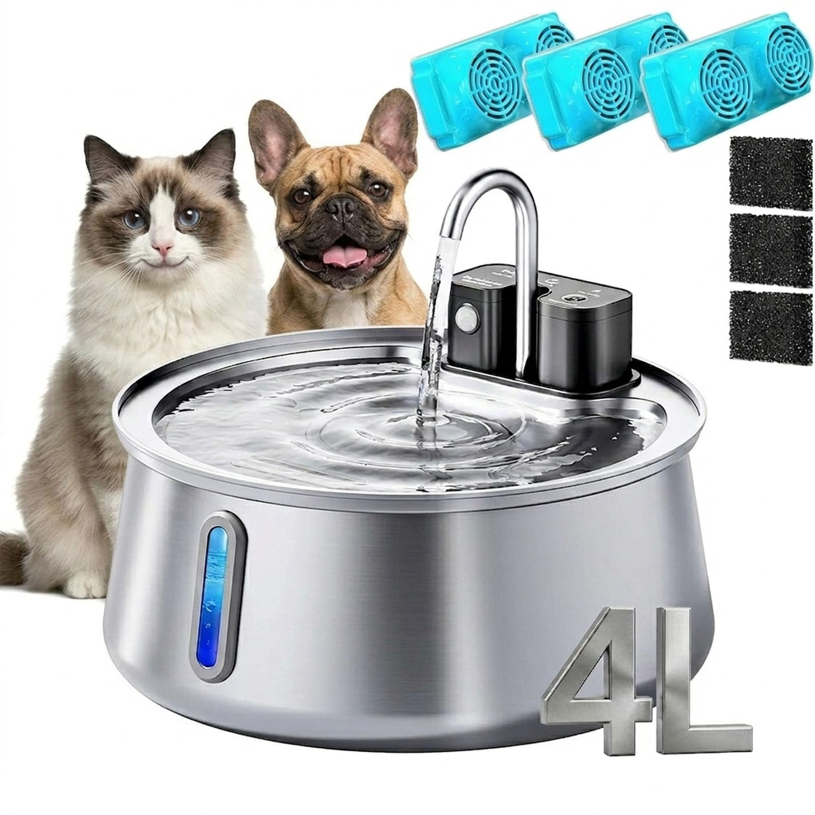nuyezo Dog Water Fountain, 4L Quiet Floor with Filter, Stainless Steel Rechargeable Pet Water Fountain for Indoor Cats & Dogs