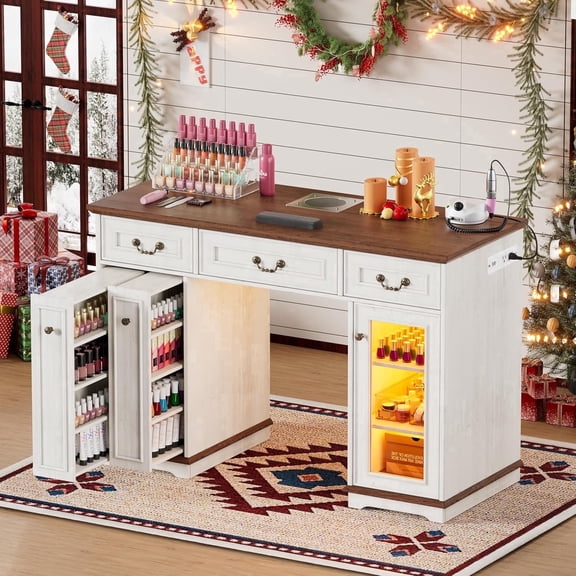 PakaLife Modern Manicure Table with LED Light, Nail Tech Desk with Power Outlet,Dust Bags, Acetone-Resistant,Movable Shelves,Drawers, for Salon