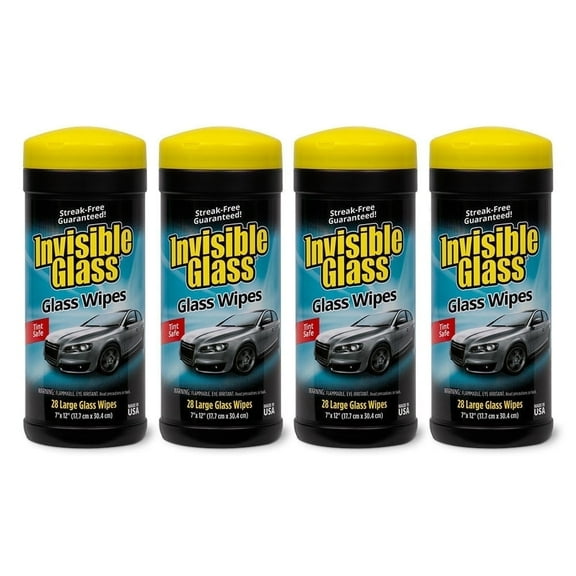 nvisible Glass 90166-4PK 28-Count Lint-Free and Ammonia-Free Large Glass Cleaning Wipes are Tint Safe Enjoy Streak Free Windows, Mirrors, and Glass for Home and Auto, Pack of 4