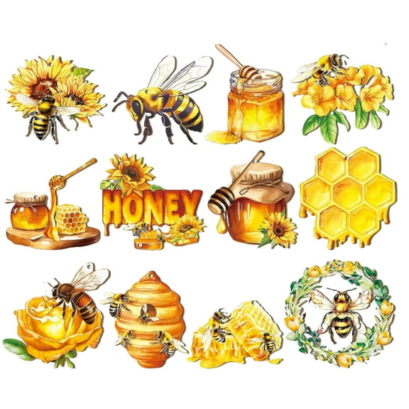 nvzhuang 12Pcs Honey Bees Ornaments Wooden Sunflower Hanging Signs for Bee Themed Party Baby Shower Summer Decoration