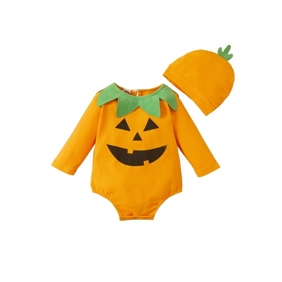 nvzhuang 2 Pcs Newborn Halloween Outfits, Baby Emoticon Print Long Sleeve Round Neck Playsuit   Hat