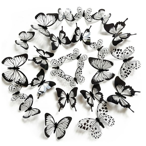 nvzhuang 24 Pcs 3D Butterfly Wall Stickers Black White Animal Self-Adhesive Wall Decals for Home, Office, Kitchen